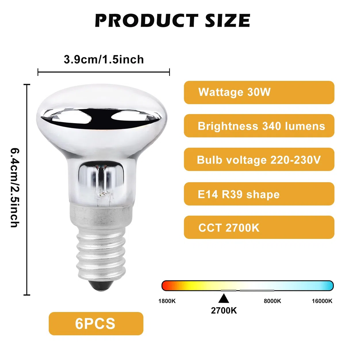 6 Pezzi Lava Lampadina E14 30W R39 Lampadina a Incandescenza, Luce Calda 2700K, 340LM, AC 230V, Lampadina Filamento R39 Attacco Piccolo per Lavalamp, Lampade a Lava, Lampada Vulcano, Lampada Bolle