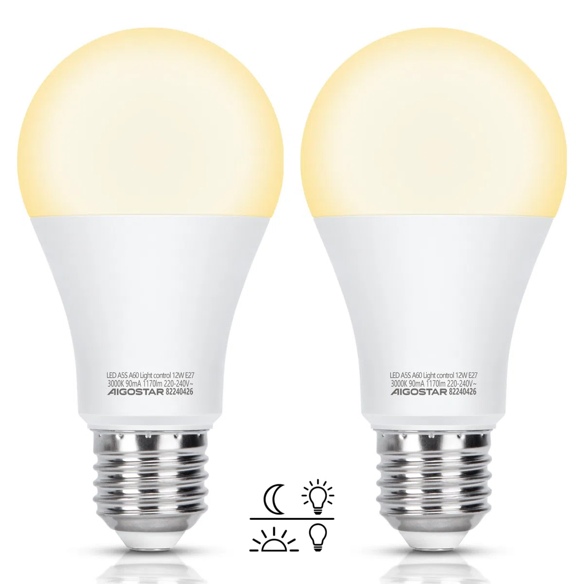 Aigostar Lampadina con Sensore Crepuscolare, Lampadina LED E27 A60 12W, Luce Calda 3000K, 1170 Lm, Accensione/Spegnimento Automatico Dall'alba al Tramonto, Non Dimmerabile, Pacco da 2 Unità