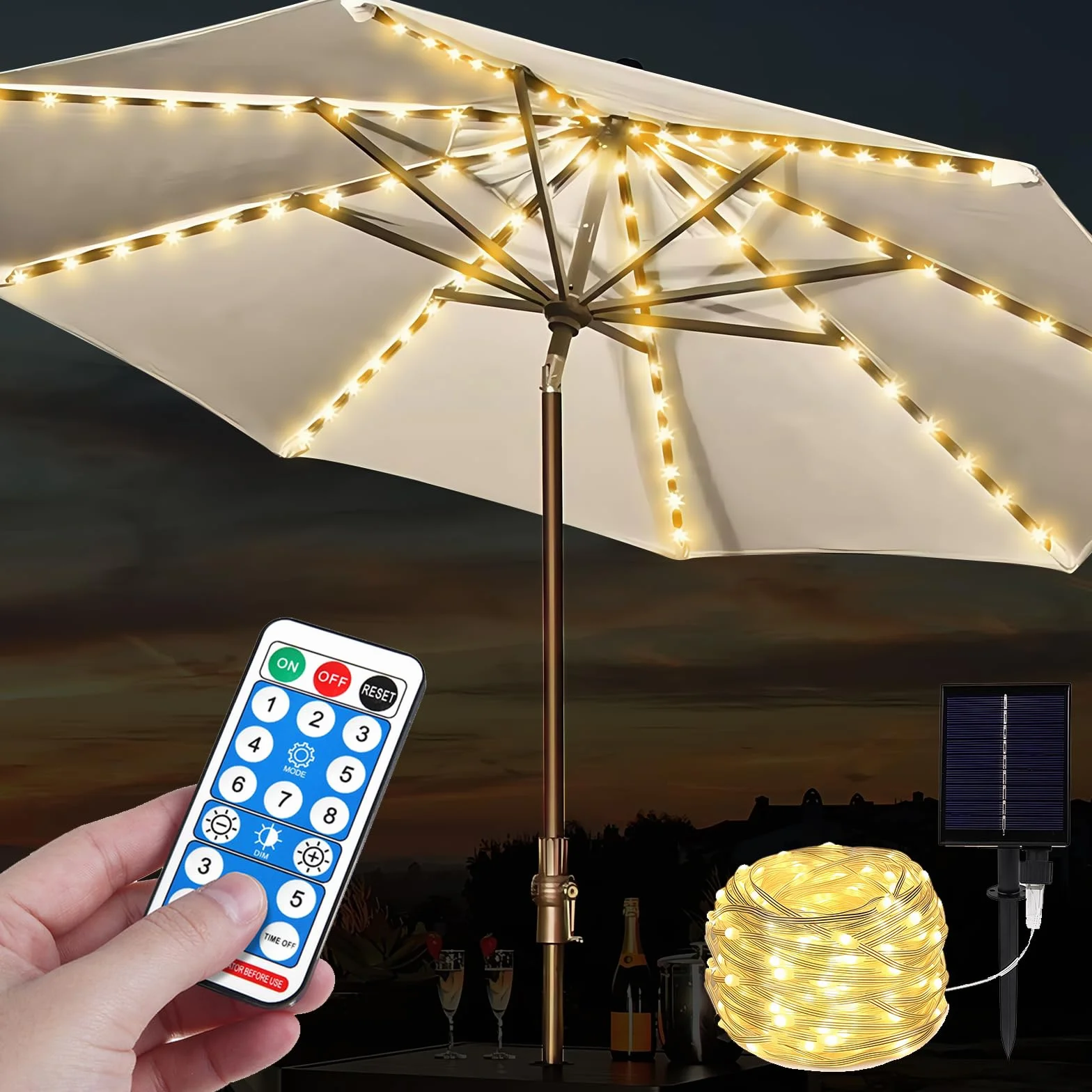 BORDEAG Catena luminosa solare per ombrellone, 104 LED, luci per ombrelloni con telecomando, esterno