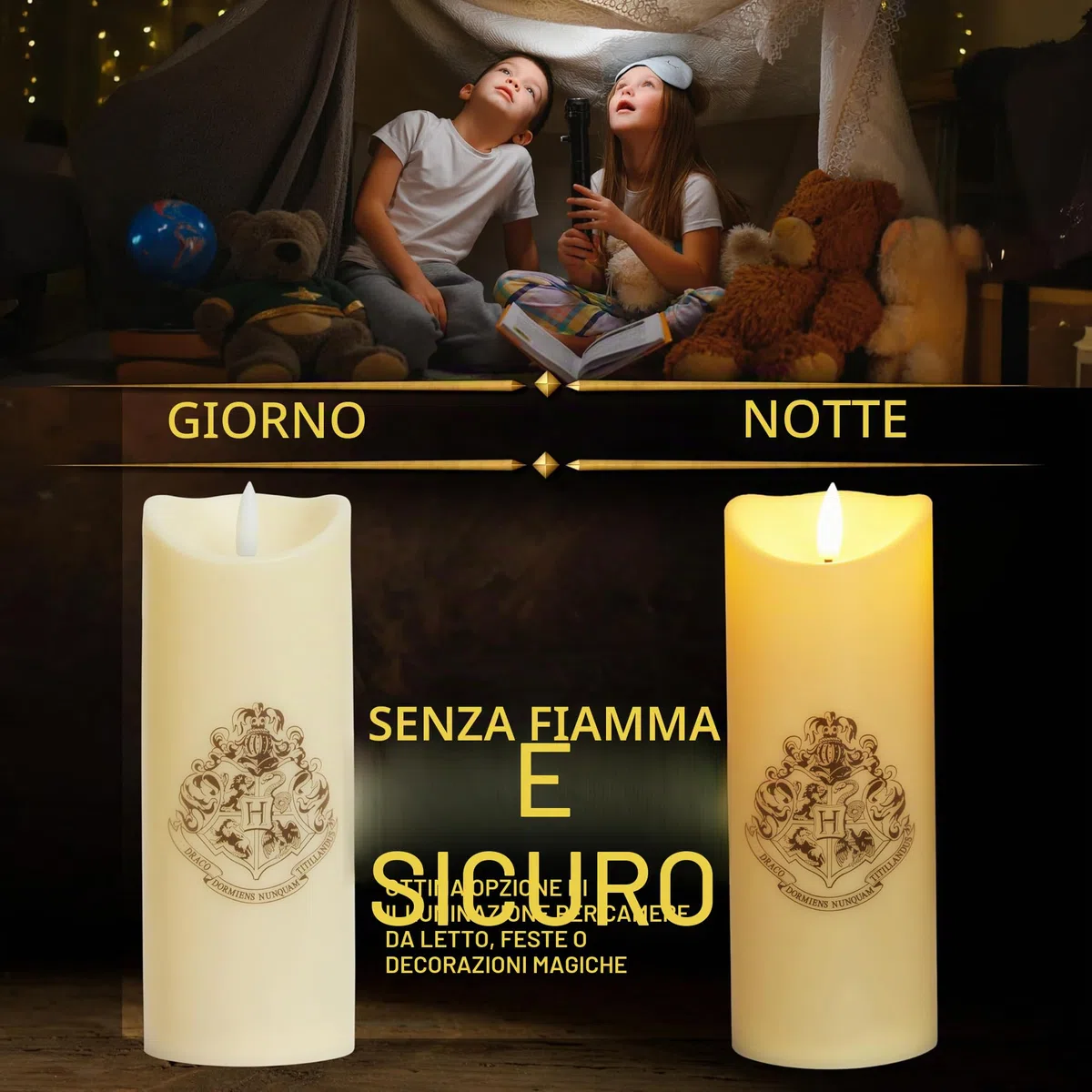 Harry Potter Candele LED con Bacchetta Telecomando, 5m Allineare e Hogwarts Disegno Dello Stemma, Bianco Candela a Batteria Lungo Senza Fiamma