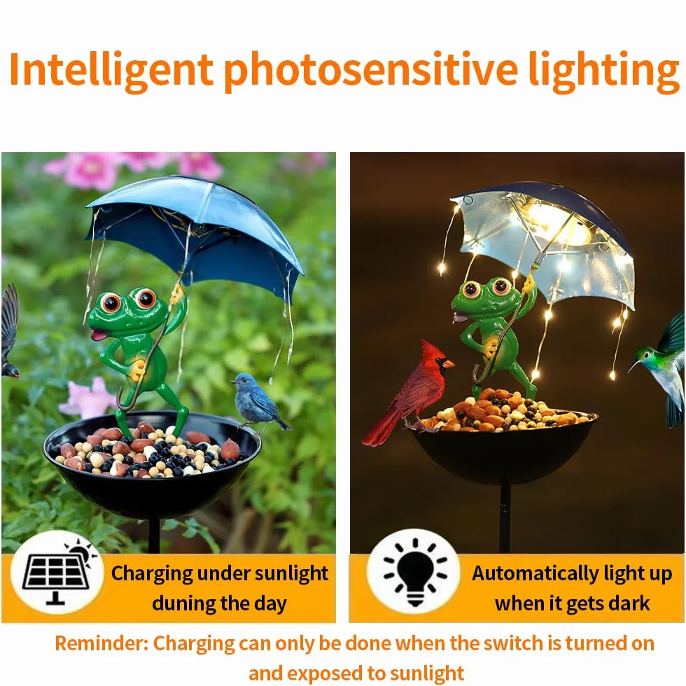 La rana solare sostiene la luce di alimentazione dell'ombrello, il giardino incantevole decorazione ferro arte rana ombrello piatto da mangiare per il pavimento, LED impermeabile luce wireless.