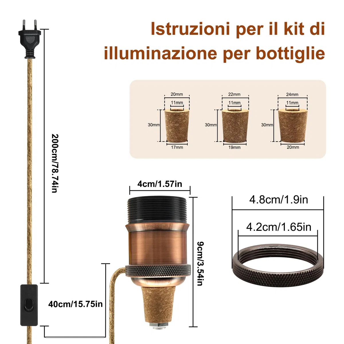 Kit Lampada Per Bottiglia di Vino Con 3 Tappi di Sughero - DIY Lampada da Tavolo, Adattatore Portalampada E27 Con Spina e Interruttore