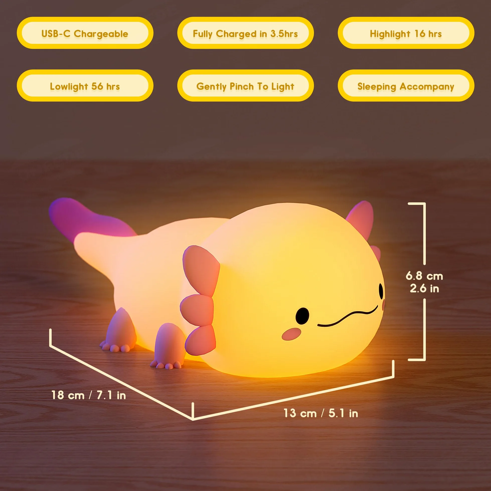 UNEEDE Luce notturna Axolotl, Luce Notturna Bambini, Lampada da comodino in silicone, Lampada da tavolo rosa Axolotl ricaricabile Touch LED dimmerabile, Regalo per bambini Neonata Ragazzo