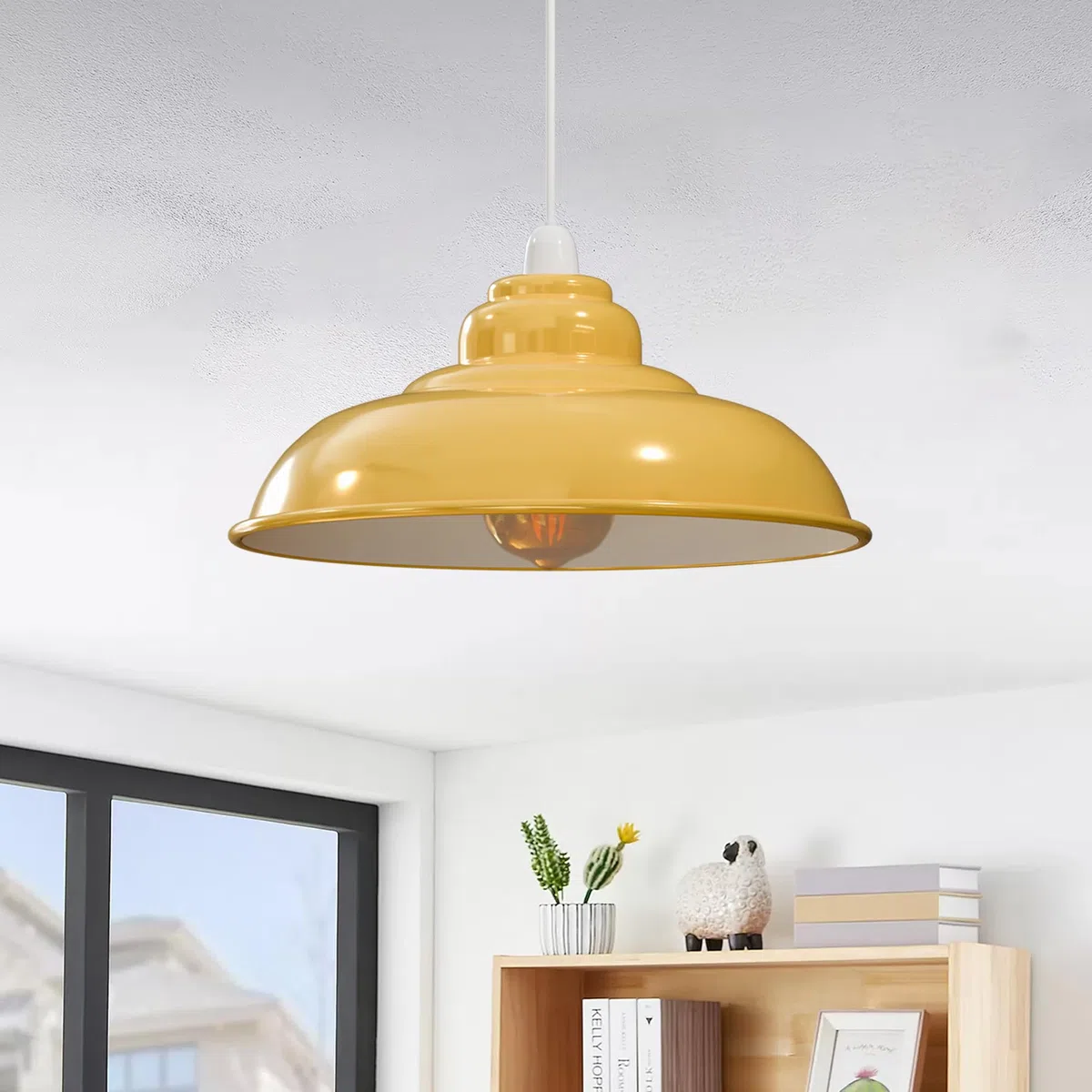 LEDSone Vintage Industrial Pendant Light Easy Fit with Metal Lampshade with Reduction Plate E27 for Bedroom Living Room (Giallo)