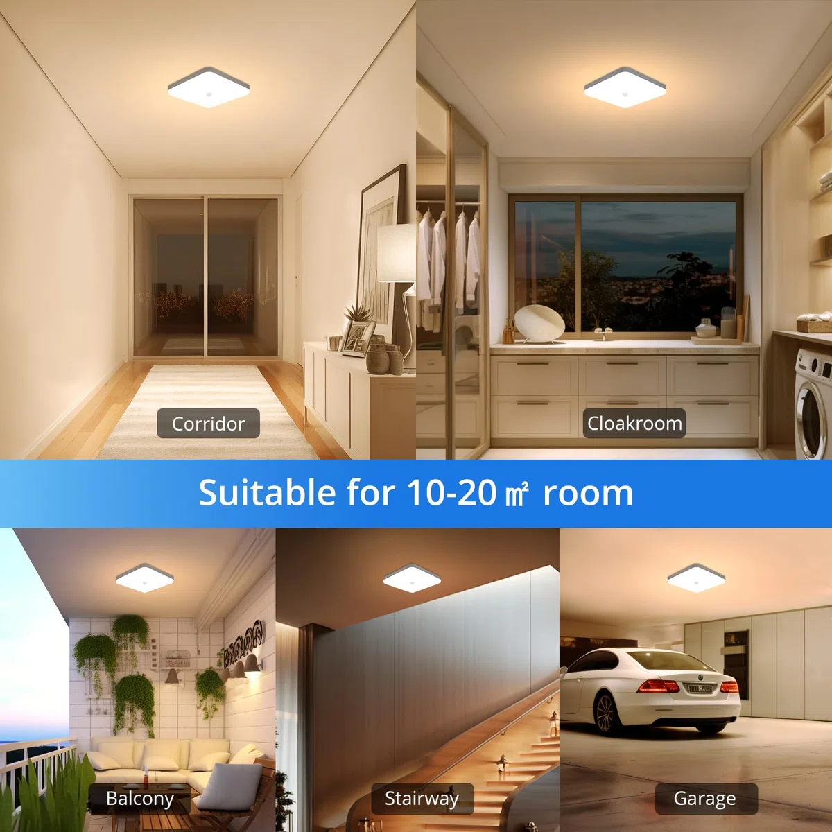 Combuh 25 cm Plafoniera Led con Sensore di Movimento Interno, 30W Lampada Soffitto Quadrata, Bianco Caldo 3000K Plafoniere Rilevatore, IP56 Impermeabile, per Corridoio Garage