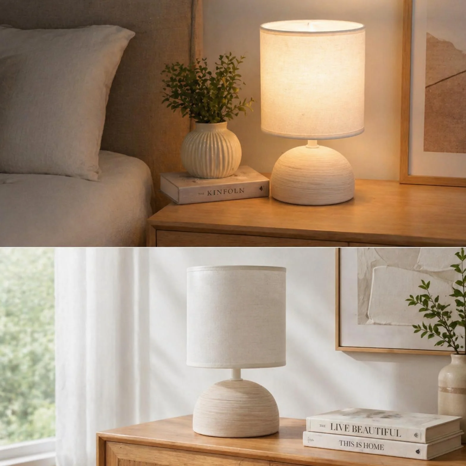 Aigostar Lampada da Comodino, Moderna Lampada da Tavolo Base in Ceramica Paralume in Stoffa, Attacco E14, 14 * 14 * 23 cm Cavo 1.3 Metri, Design Vintage.