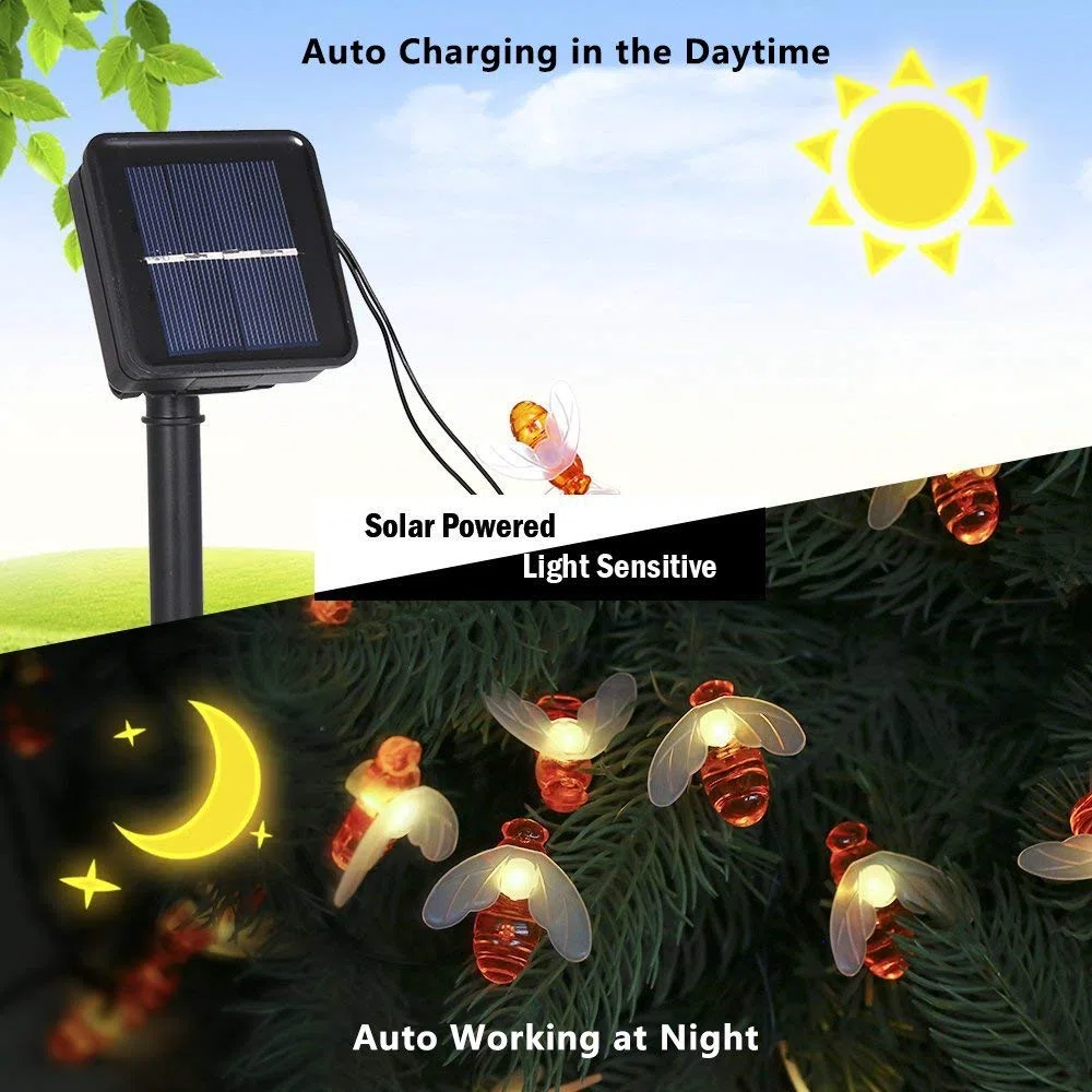 Solare Luci da giardino, 7M 50 LED Ape, 8 modalità Stringa di luce, IP65 impermeabile Illuminazione esterna, Illuminazione solare per Casa, patio, recinzione, festa, Natale, albero (Bianco caldo)