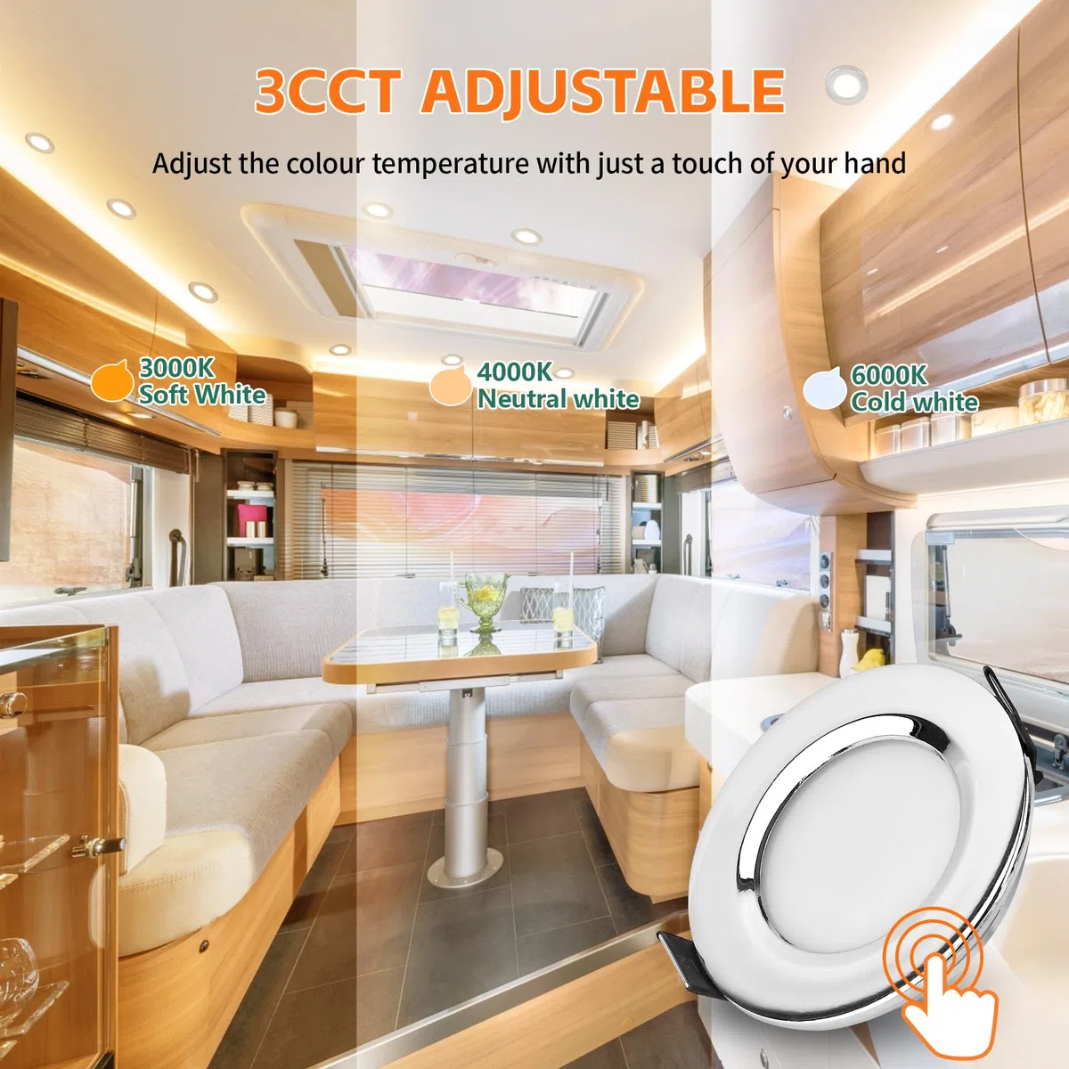 GeyouLux 3 x Faretti LED Soffitto 12V, Touch-Control 3000K Caldo 4000K Neutro 6000K Freddo Faretti Led da Incasso per Cartongesso, Dimmerabile, 3W IP44 Faretti da Incasso, Foro 58-62mm, Cromato
