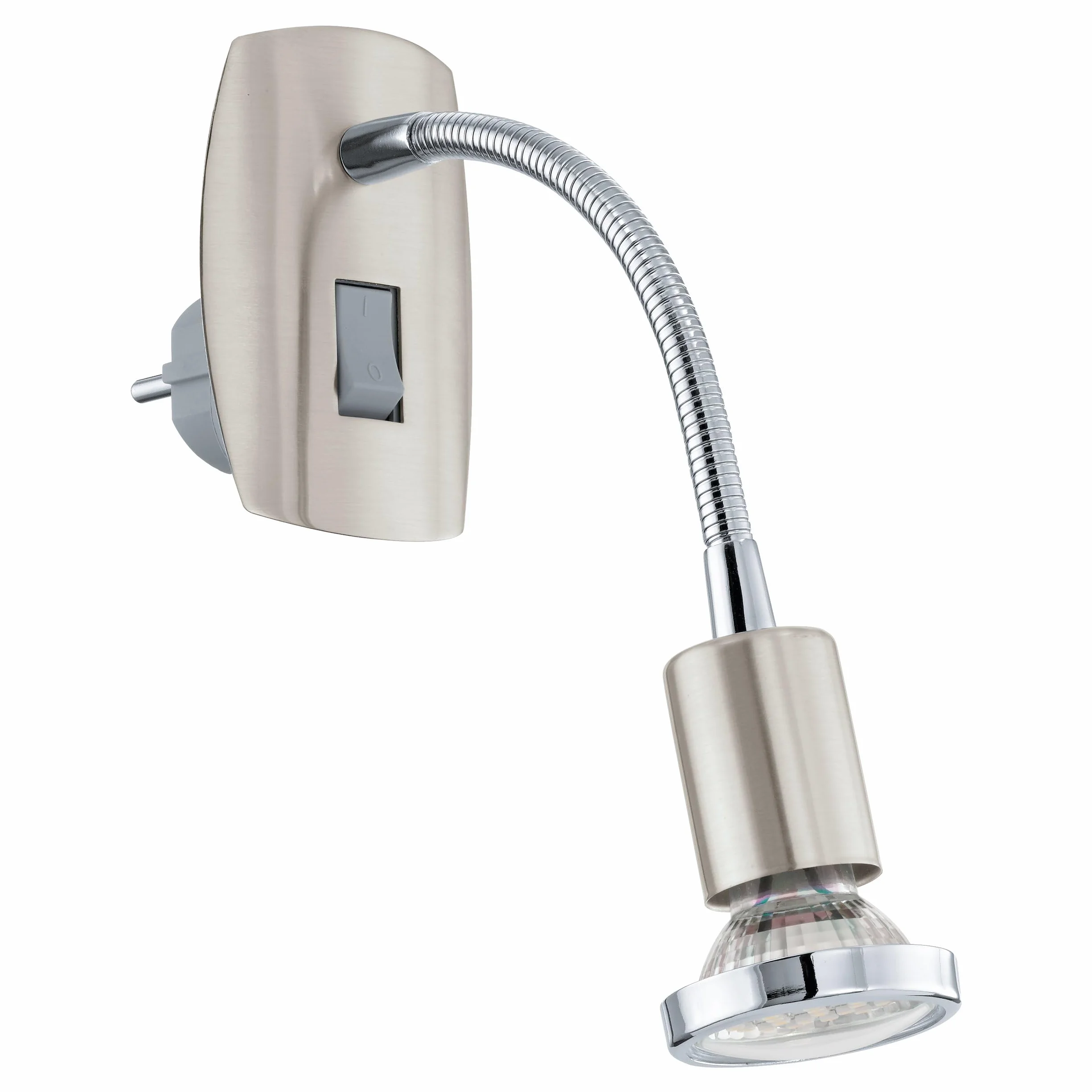 Eglo Faretto Mini 4, Lampada da Presa a Uno Punto Luce in Acciaio, Nichel Opaco, Cromo, Presa GU10, Interruttore e Braccio Flessibile Inclusi