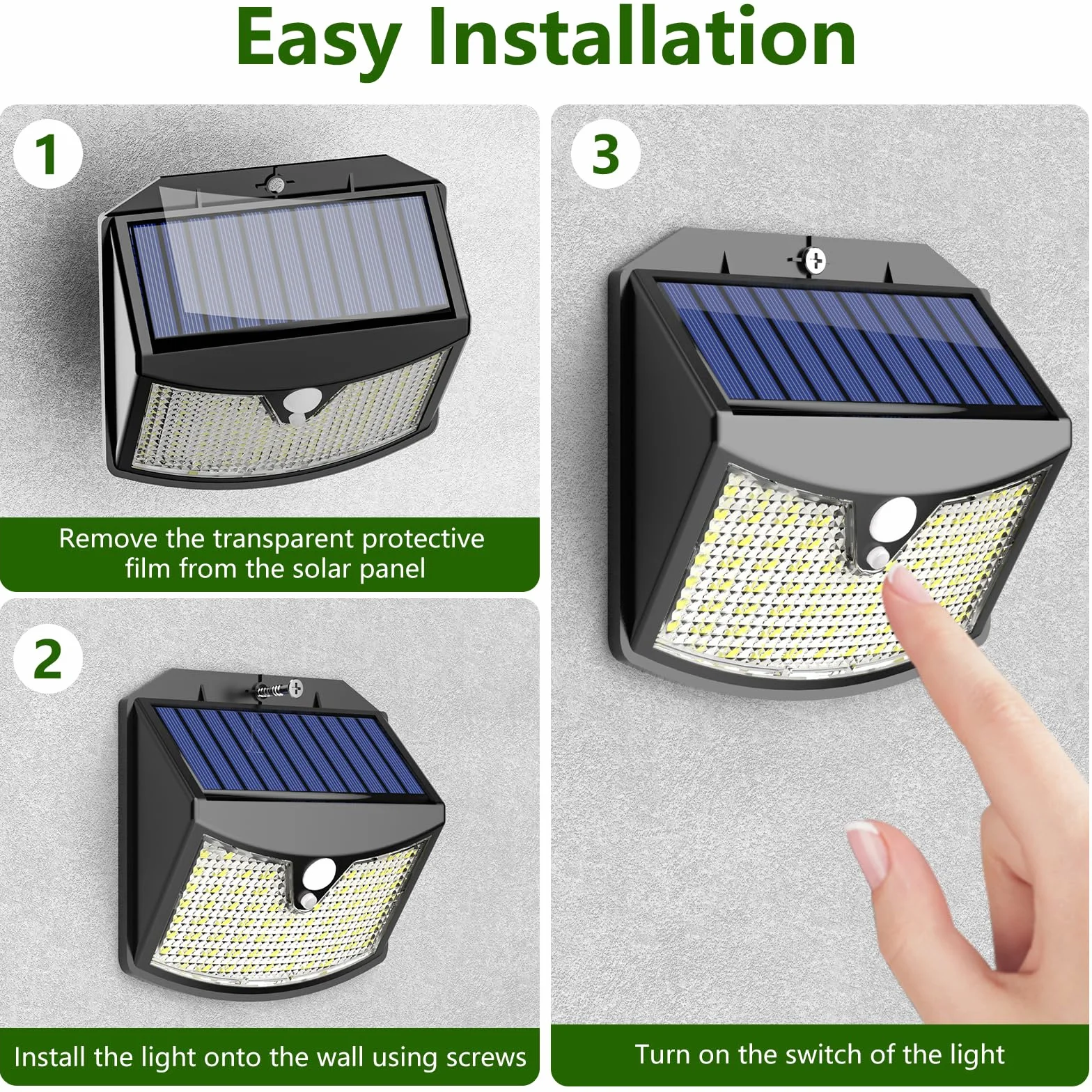 Luce Solare Led Esterno, 3 Modos IP65 Impermeabile Faretto LED da Esterno con Sensore di Movimento, Lampada Solare da Esterno per Giardino, Parete, Garage (2 Pezzi Bianco Freddo)