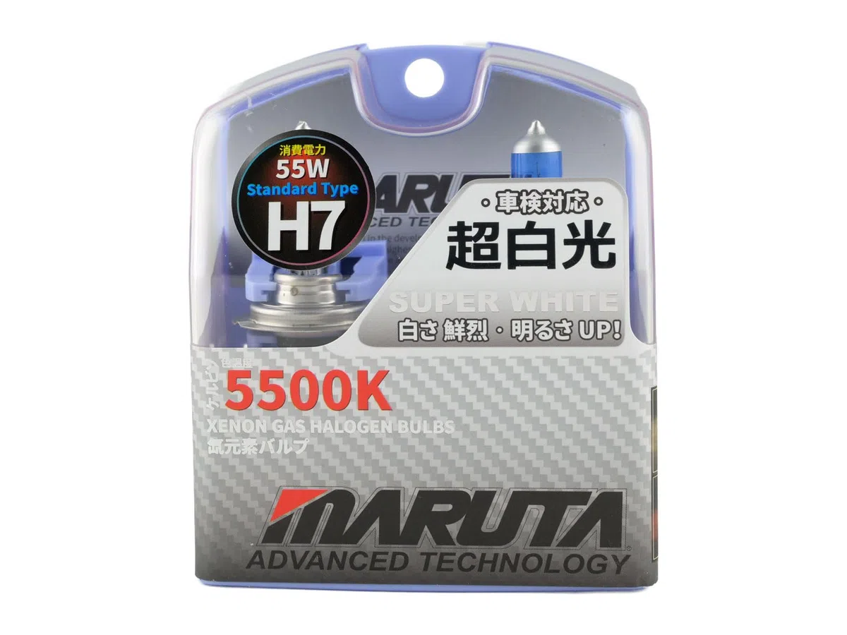 MARUTA SUPER WHITE H7 55W lampada alogena per fari, anabbaglianti, 5500 K effetto xeno, vetro quarzo durevole, omologazione ECE