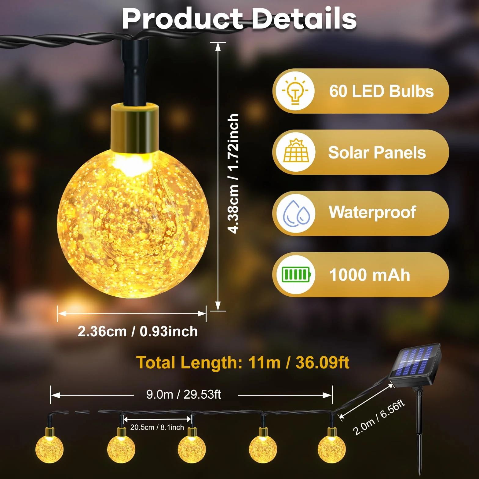 Luci Solare Catena Luminosa Esterno, 11M 60LEDs Luci Solari da Giardino, IP65 Impermeabile, 8 Modalità Luce Energia Solare Giardino Esterno per Feste, Terrazzo, Balcone, Matrimonio (Bianco Caldo)