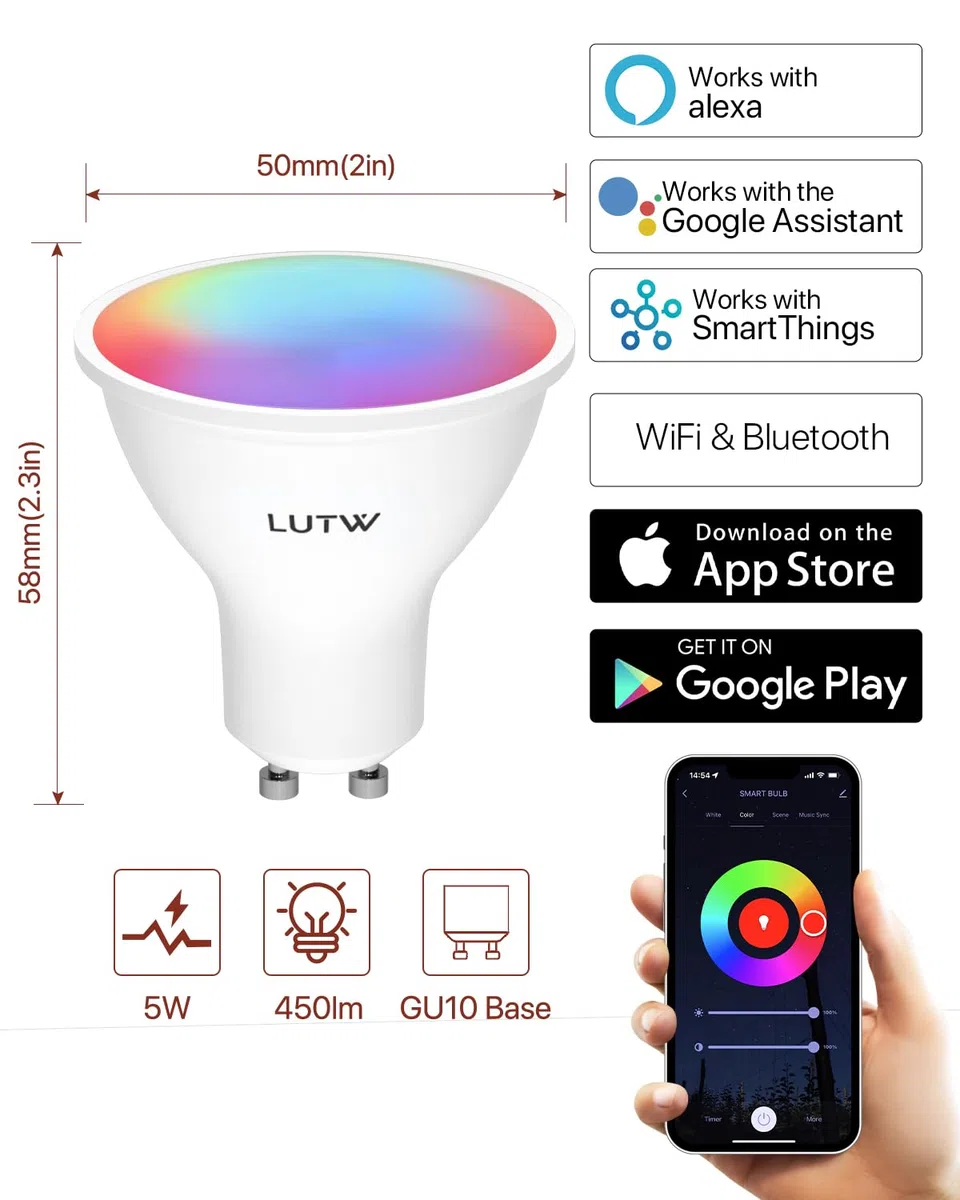 Lampadine Smart Alexa GU10, Dimmerabile Lampadina Smart GU10 5W, Compatibile con Alexa/Google Home, 450LM Faretti Lampadina WIFI GU10, RGB & 2200K-6500K Bianco Freddo Caldo, 2 Pezzi