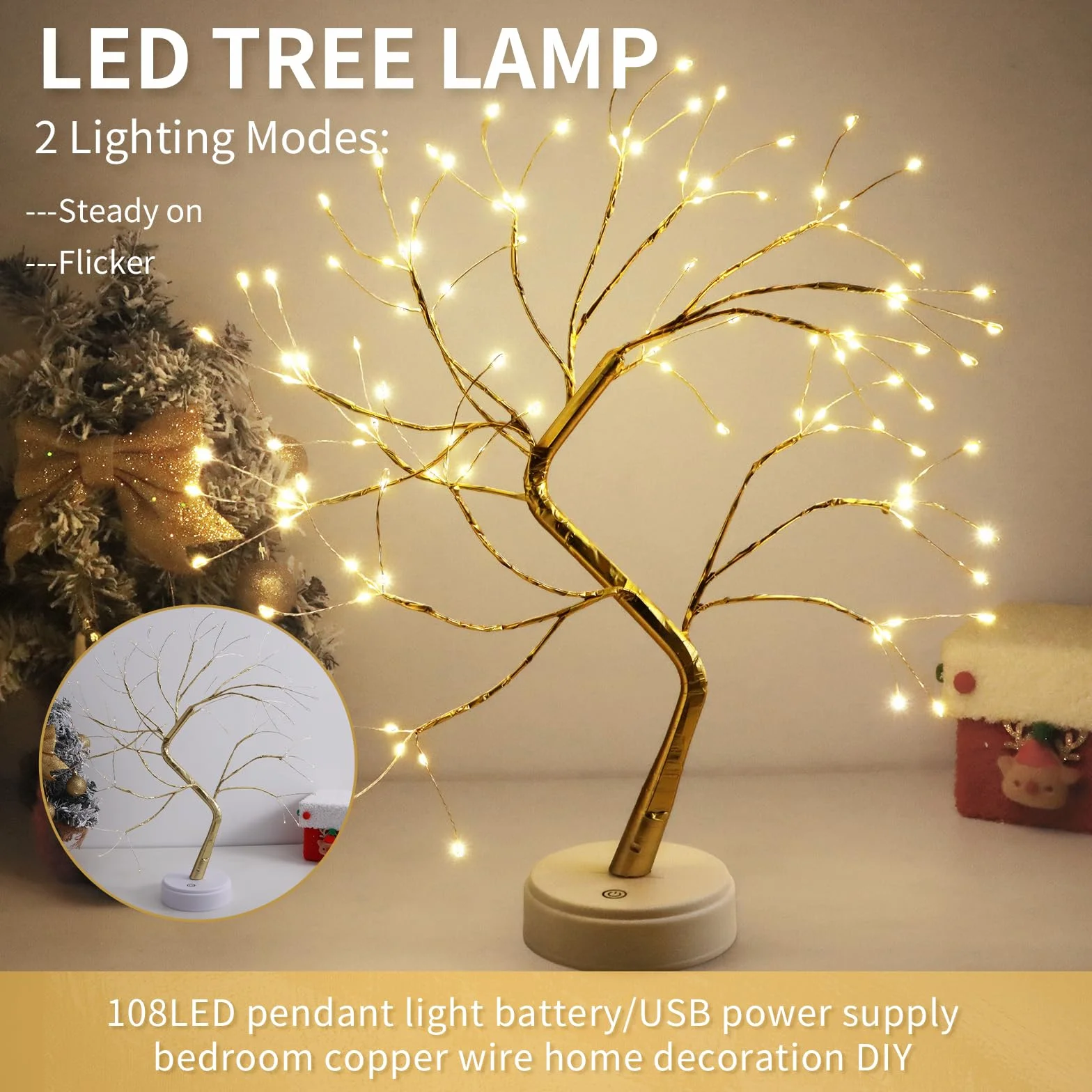 CNMTCCO LED albero luce, decorazione regolabile per interni alimentata da USB/batteria, luce bianca calda per Natale, soggiorno, camera da letto