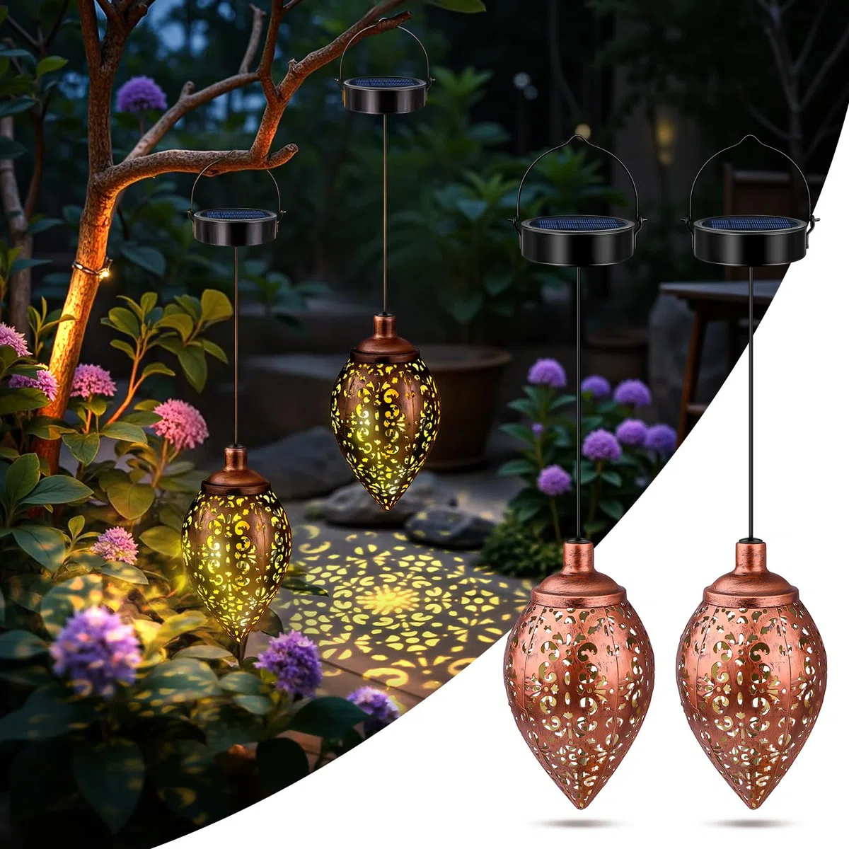 2 Pezzi Lanterne Solari da Esterno, Impermeabile IP65 Metallo Lampada Solare da Giardino, Lanterna Solare da Appendere per Balcone, Patio, Terrazza, Decorazioni, Matrimoni, Bianca Calda