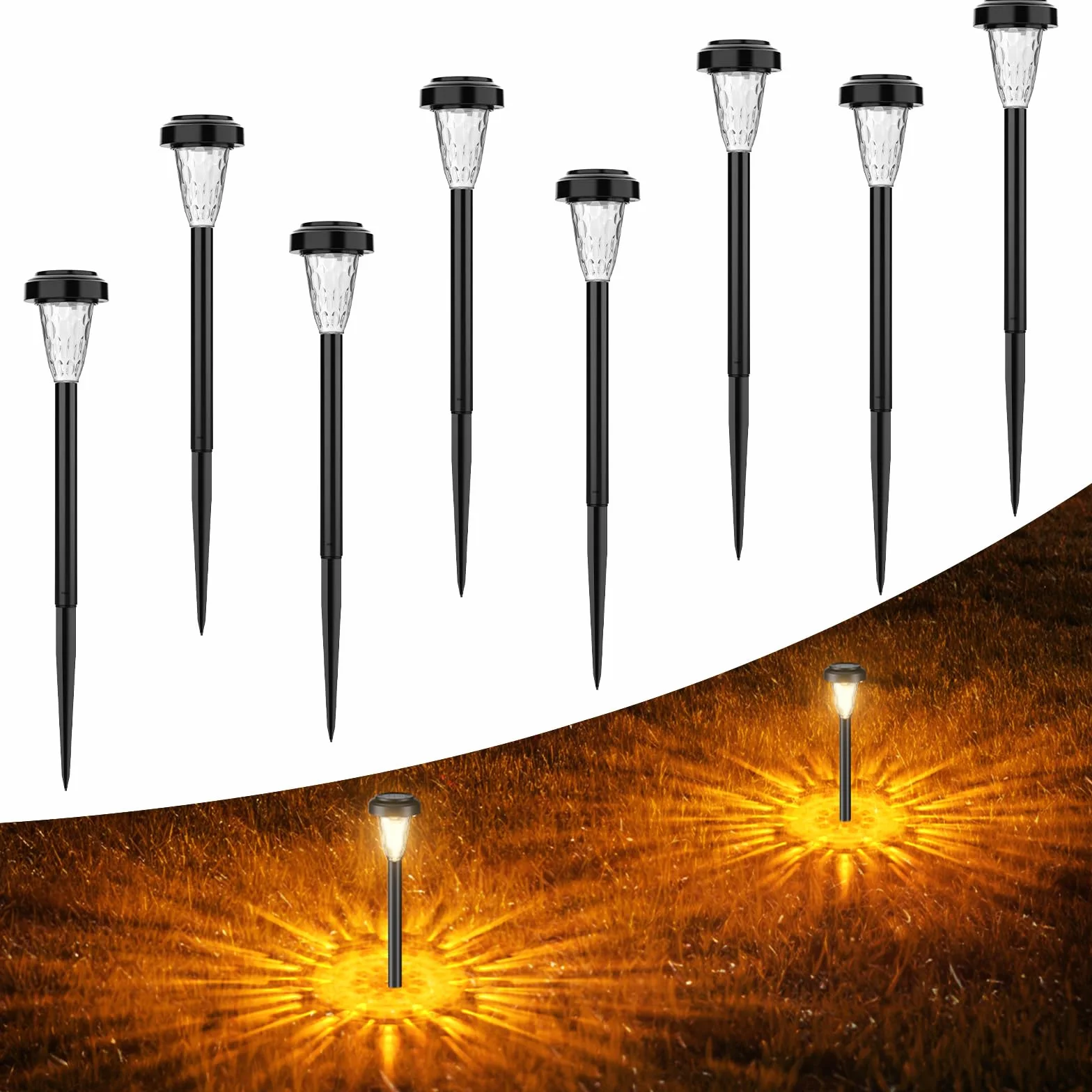 FIFlying Lampada Solare Giardino Esterno 8 Pezzi, 2 Modalità Bianca Calda Luci da Esterno Giardino Solare, IP65 Impermeabile Luci Solari Esterno per Giardino, Cortile, Sentieri, Prato, Paesaggio