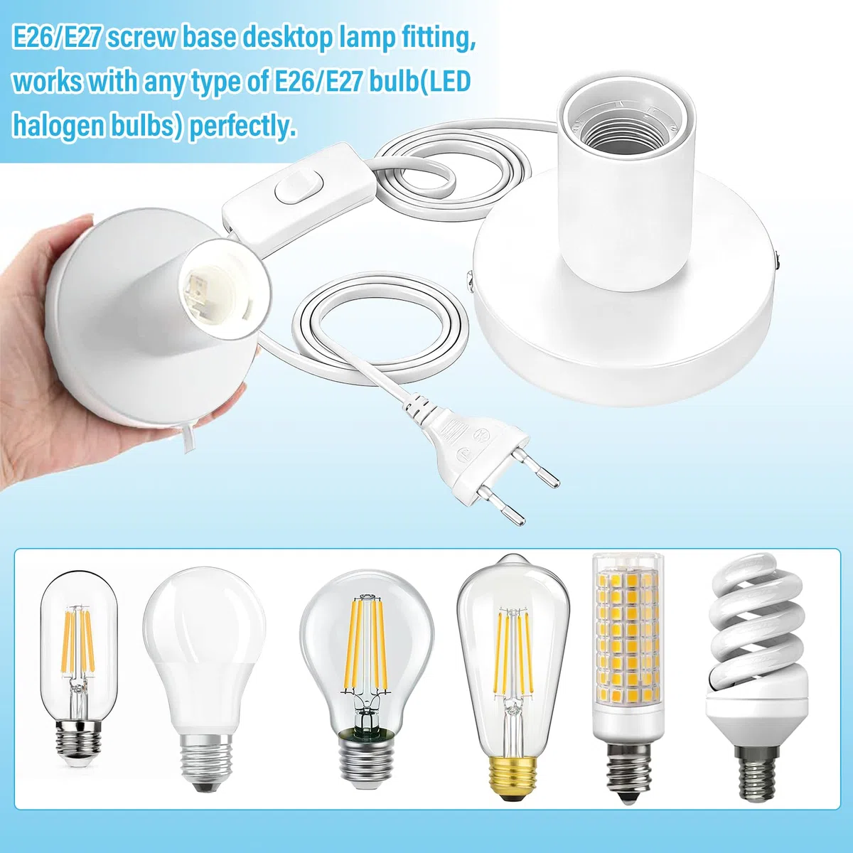2 lampade da scrivania E27, portalampada con interruttore, portalampada E27, con cavo di alimentazione da 1,8 m, base per lampada da tavolo con spina europea, per camera da letto