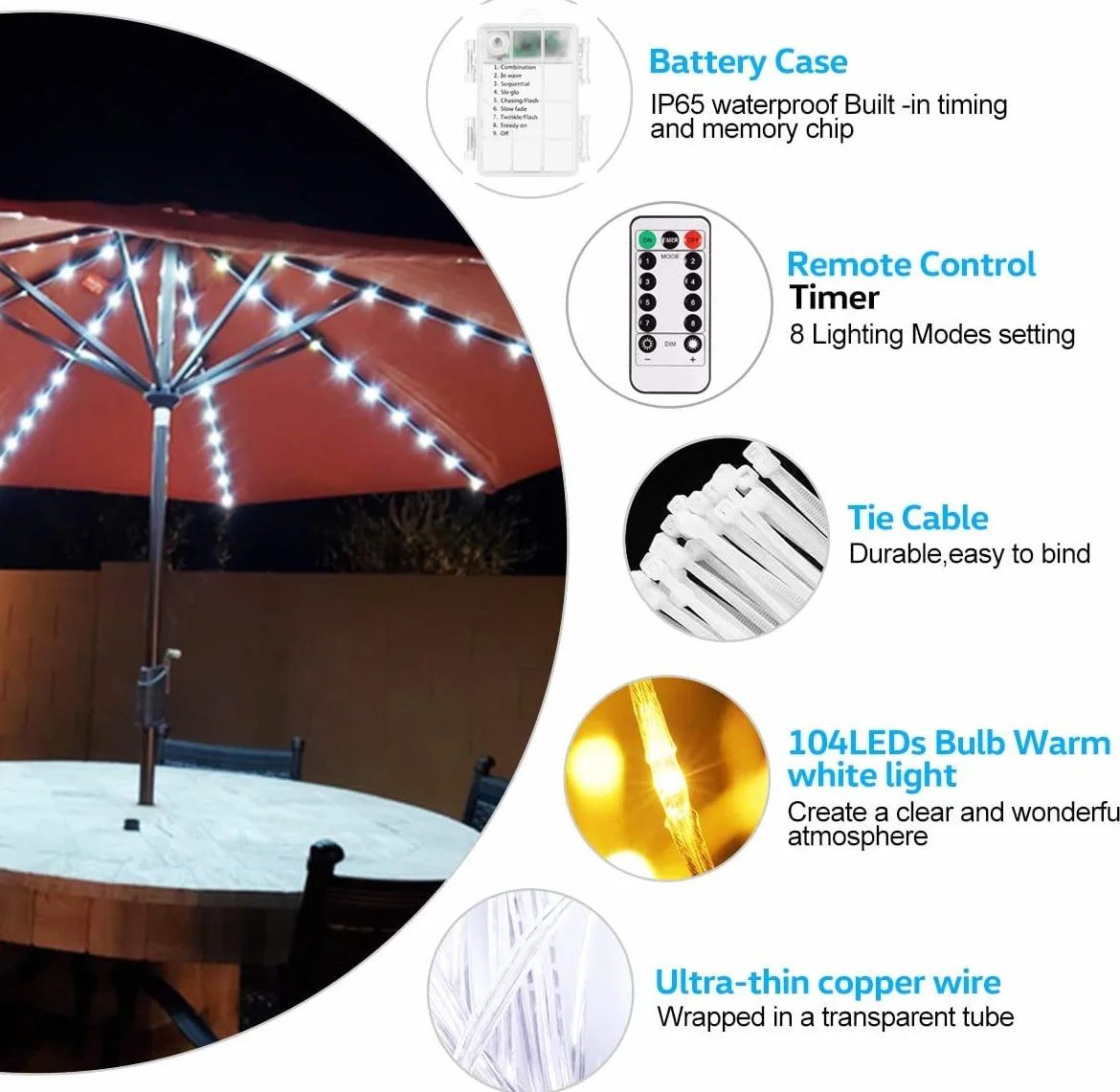 Catena di luci per ombrellone, 104 LED, 8 modalità, funzionamento a batteria, luci decorative, tenda da campeggio (bianco caldo)