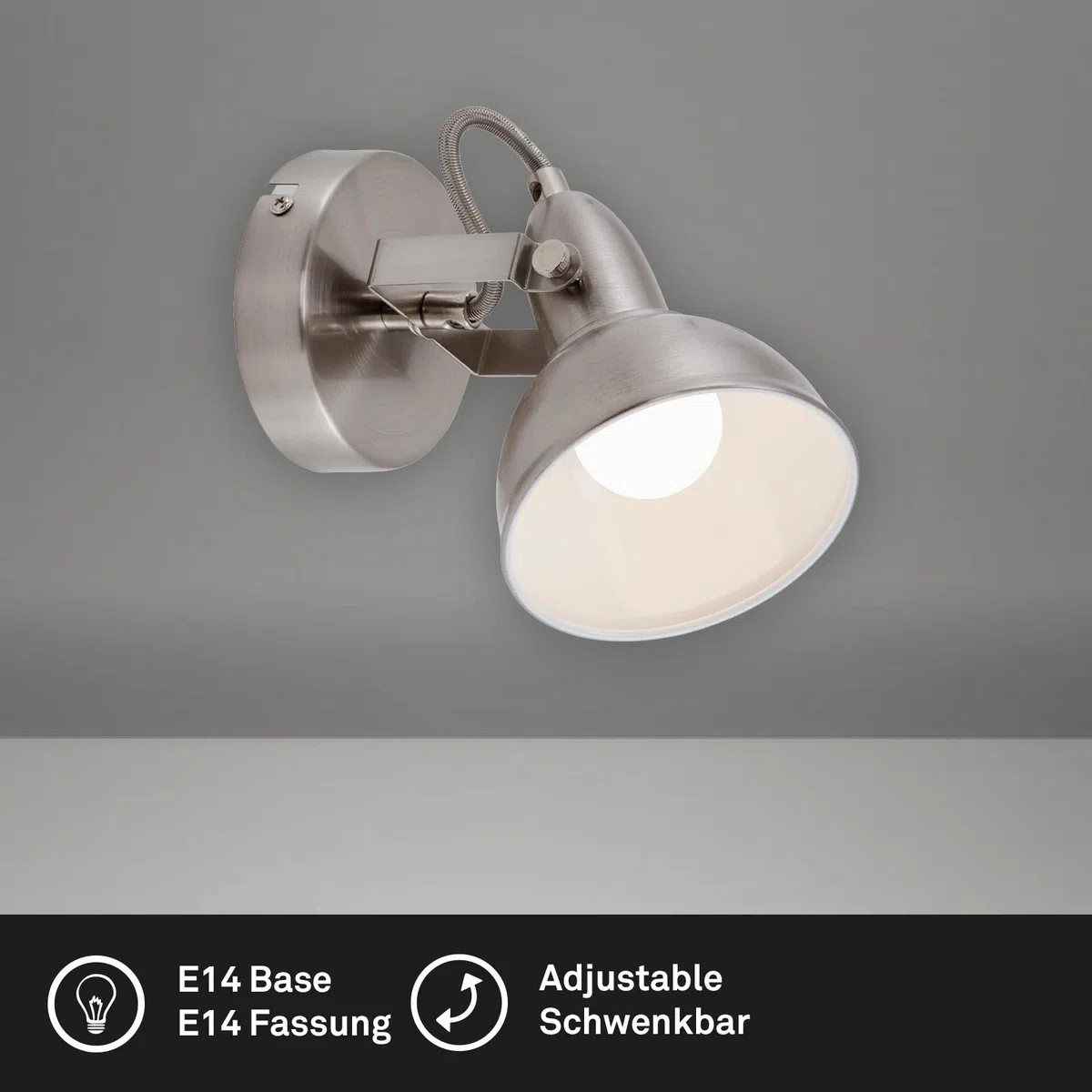 BRILONER Faretto orientabile, Lampada da Parete, Attacco per Lampadina E14 Max. 40W Non Inclusa, Paralume Ø10.5cm, Luce da Muro in Metallo satina, Bianco Satinato, 15.6 x 10 x 15.6 cm