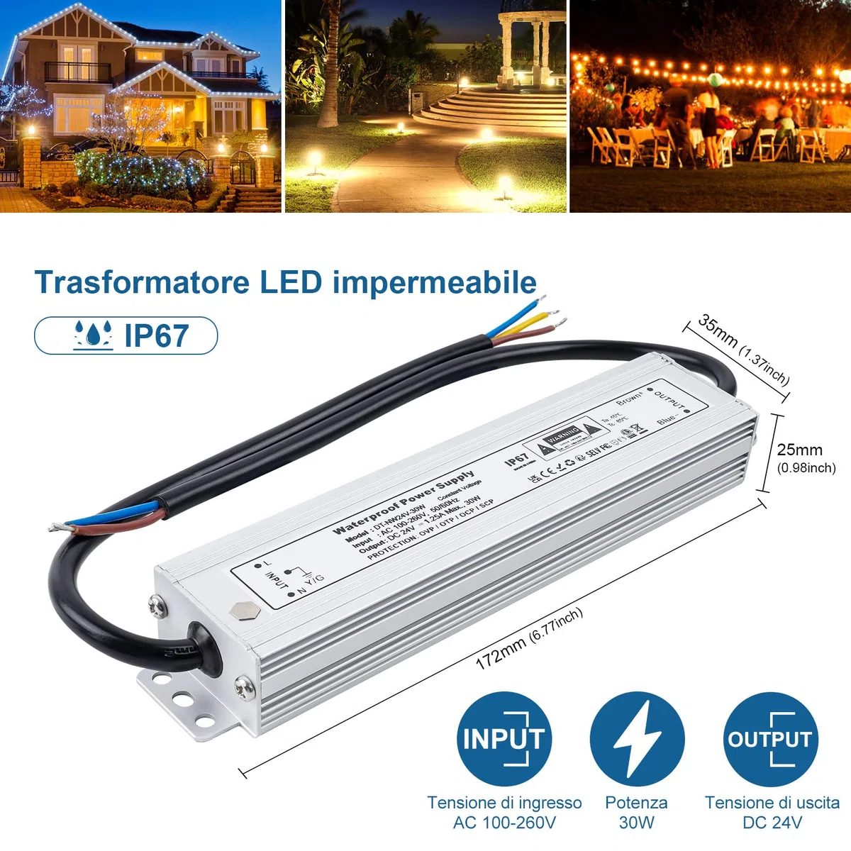 IP67 Impermeabile Trasformatore LED 24V 30W Alimentatore 1.25A, Trasformatori 220V a 24V DC Slim Tensione Costante Switching Driver, per Striscia Lampadine G4 GU5.3 MR11 MR16