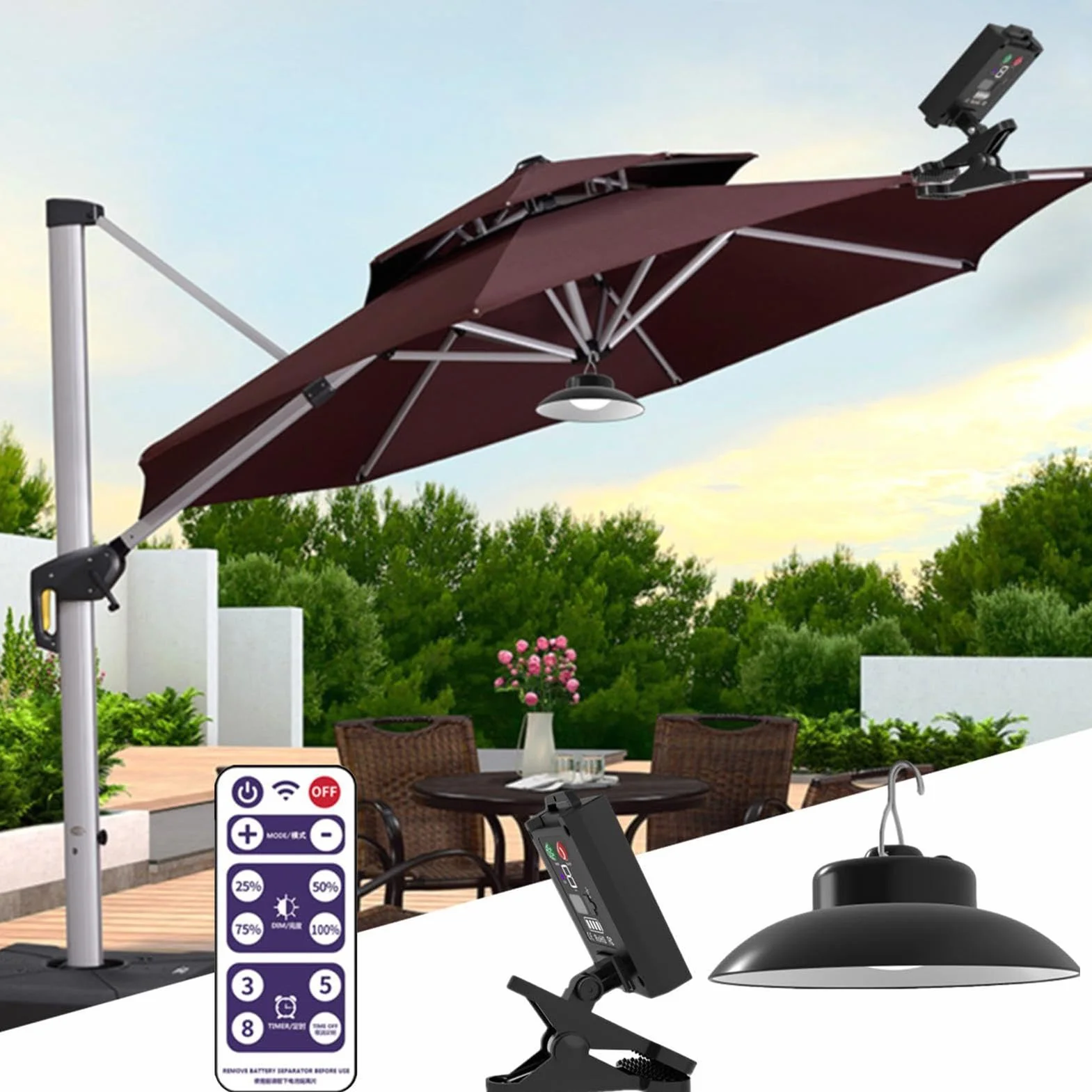 Luce per ombrello, luci solari per ombrellone, con telecomando, impermeabile, alimentata a energia solare, con clip, LED, ricaricabile, per patio, campeggio, escursionismo, giardino, decorazione per