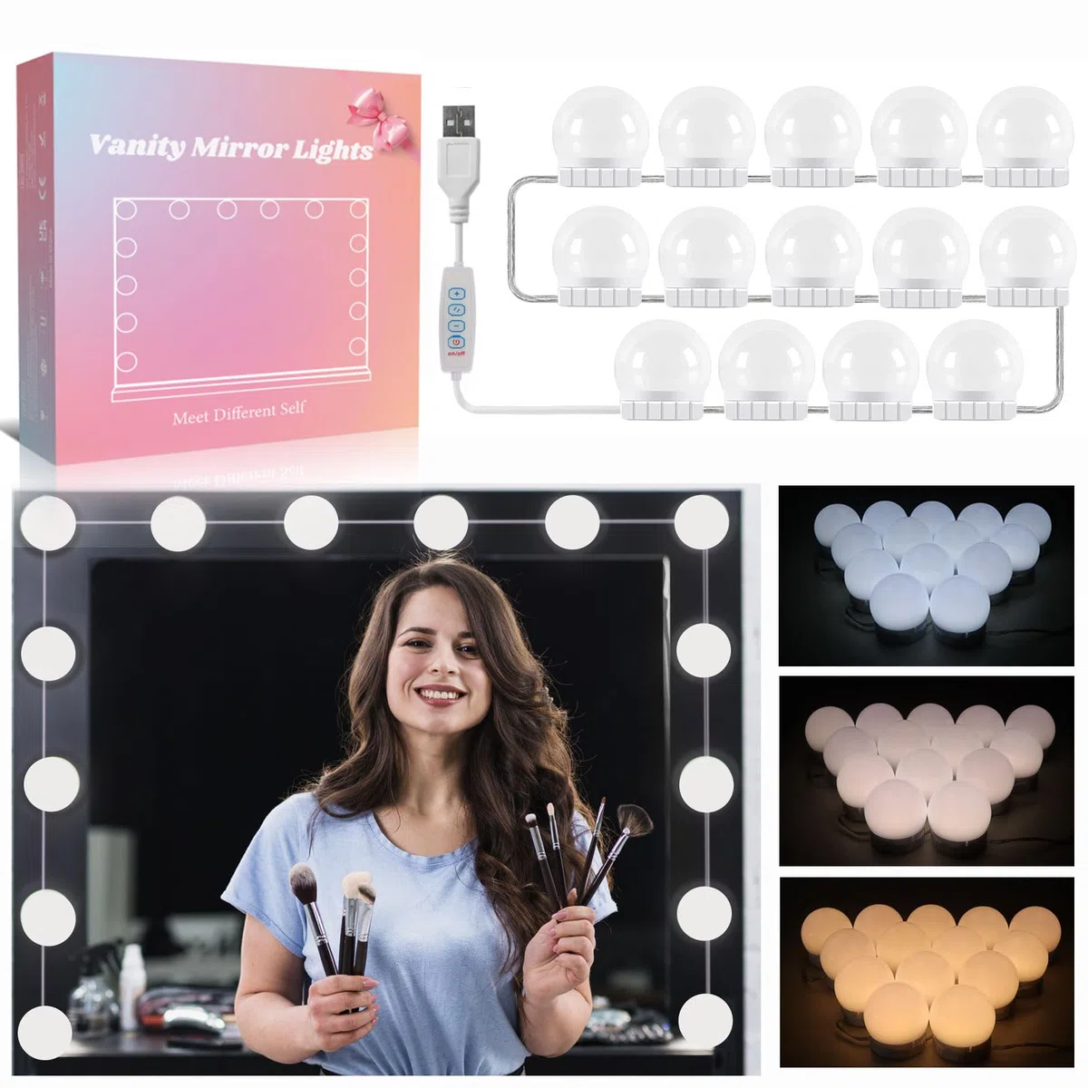 Akynite Luci Hollywood 14 Lampadine per Specchio Trucco, Filo Perfettamente Nascosti, 3 Colori e 10 Intensità Regolabile, Luci Make Up da Trucco Adesive, Kit Luce LED Specchio Camera da Letto