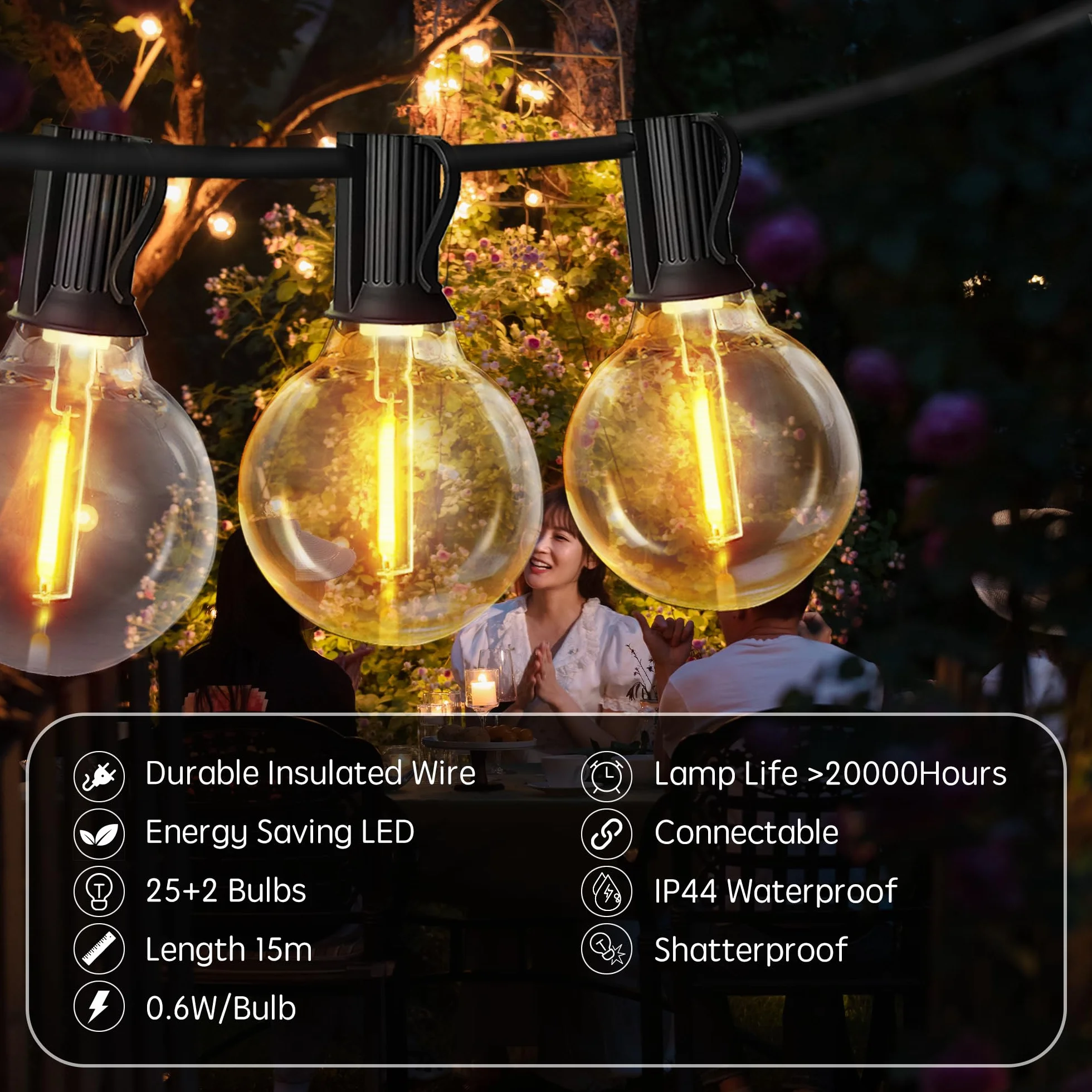 Catena Luminosa Esterno15M, G40 LED Luci da Esterno Giardino Luce da esterno Giardino Impermeabile IP44 Luci Esterno, Adatta per Festival, Matrimoni, Feste, Giardini, Terrazze