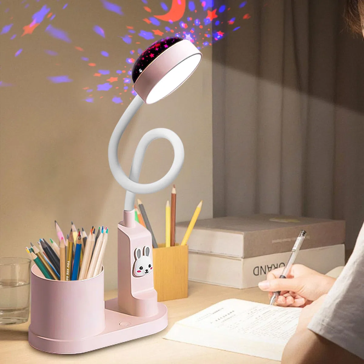 lampada da scrivania per bambini, studio con proiezione cielo stellato, comodino a LED con portapenne, ricaricabile USB, collo di cigno, dimmerabile, varie livello luminosità