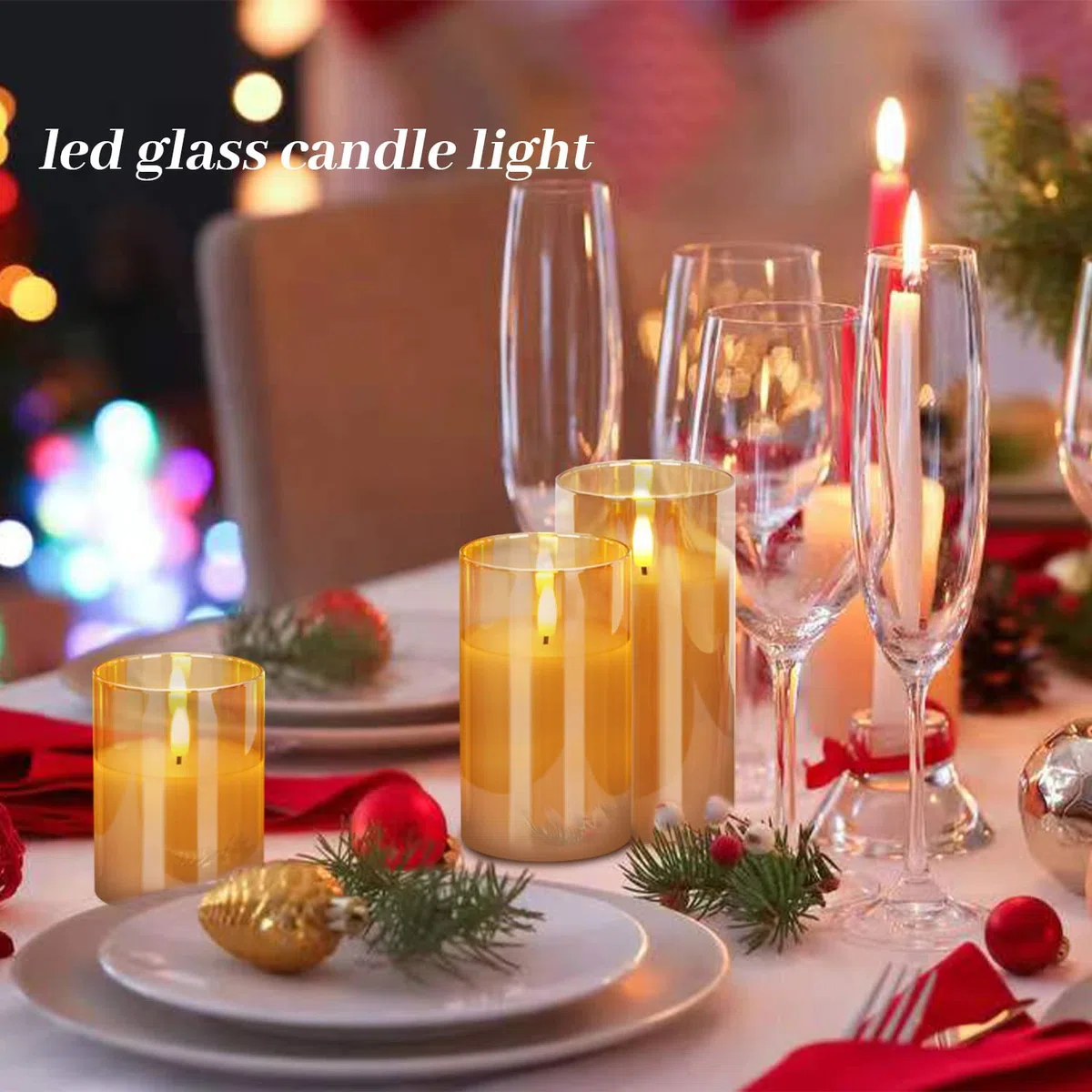 Candele LED, candele finte fiamma set 3 (10cm, 12.5cm, 15cm), fuoco finto, natale decorazioni, lanterne da interno da arredo, halloween decorazion, vetro d'oro