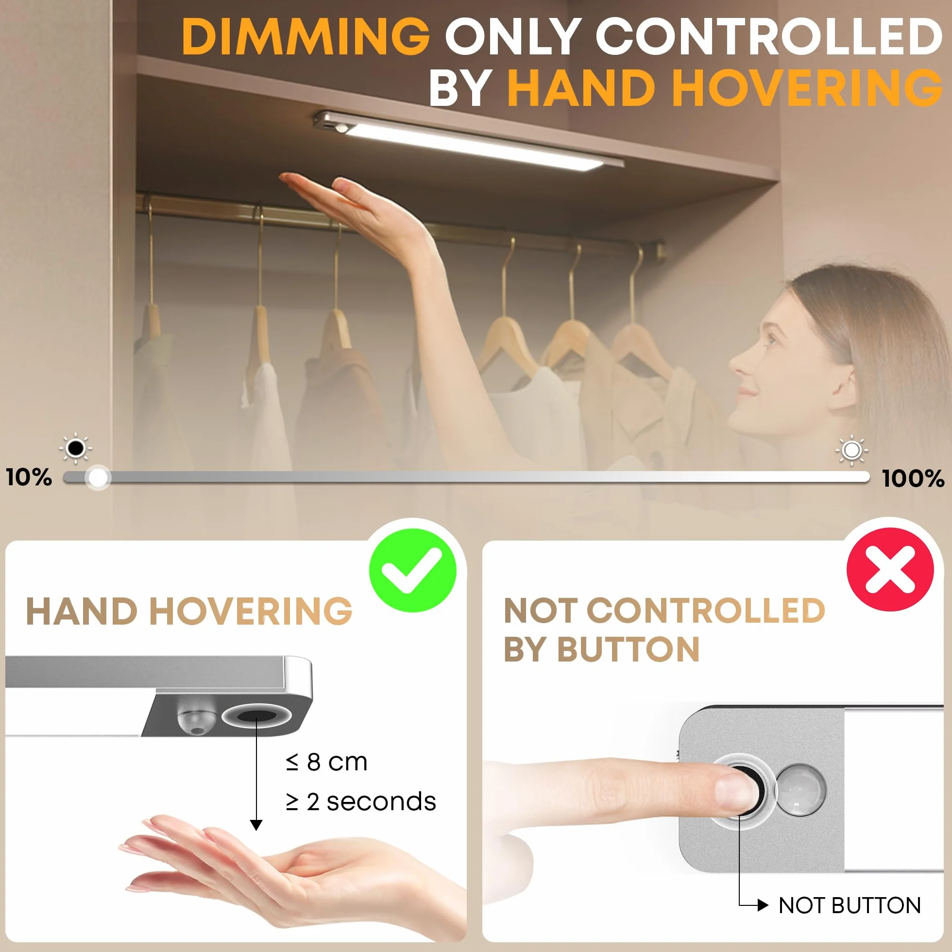 LROLTEF Luce LED Sottopensile Cucina - 25CM 1500mAh Luci con Sensore di Spostamento Manuale & Sensore di Movimento - Armadio Lampada Dimmerabile per Cucina Scale Soggiorno Camere da Letto | 2 Pezzi