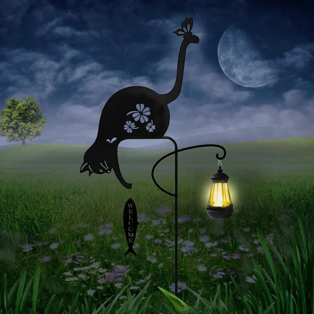 Solare alimentato nero gatto luce di pesca, giardino decorativo ferro arte gatto carino pesca terra luce, tramonto senza fili all'alba LED lampada paesaggio impermeabile.