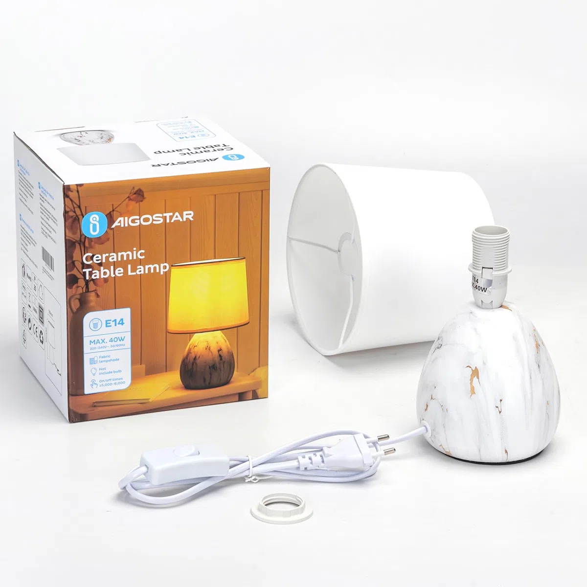 Aigostar Lampada da Tavolo in Ceramica, Moderna Lampada da Comodino con Paralume in Tessuto, Attacco E14, max.40W, Abat Jour da Comodino per Camera da Letto, Soggiorno (senza Lampadina) -H255mm