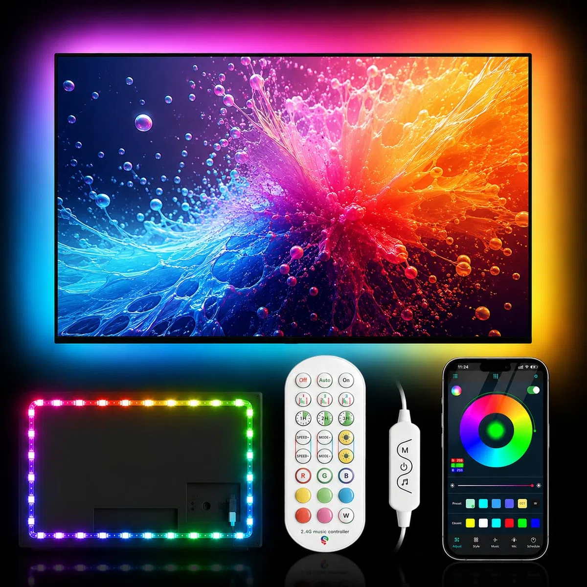 Daymeet Striscia LED TV RGB 4m, Retroilluminazione TV per 55-75 Pollici, Luci LED RGB con App + Telecomando, Sincro Musicale, Effetto Arcobaleno Dinamico, Alimentazione USB per Monitor HDTV