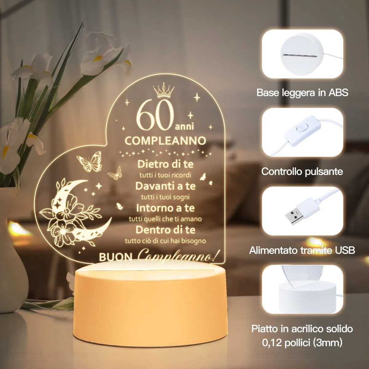 Regalo 60 Anni Compleanno Donna Uomo 1965 - Luce Notturna per Mama, Papa, Nonna, Sorella, Amica - Idee Regali Uomo 60 Anni, Regalo per i 6 0 Anni Donna, per Camera da Letto, Studio, Testa di Letto