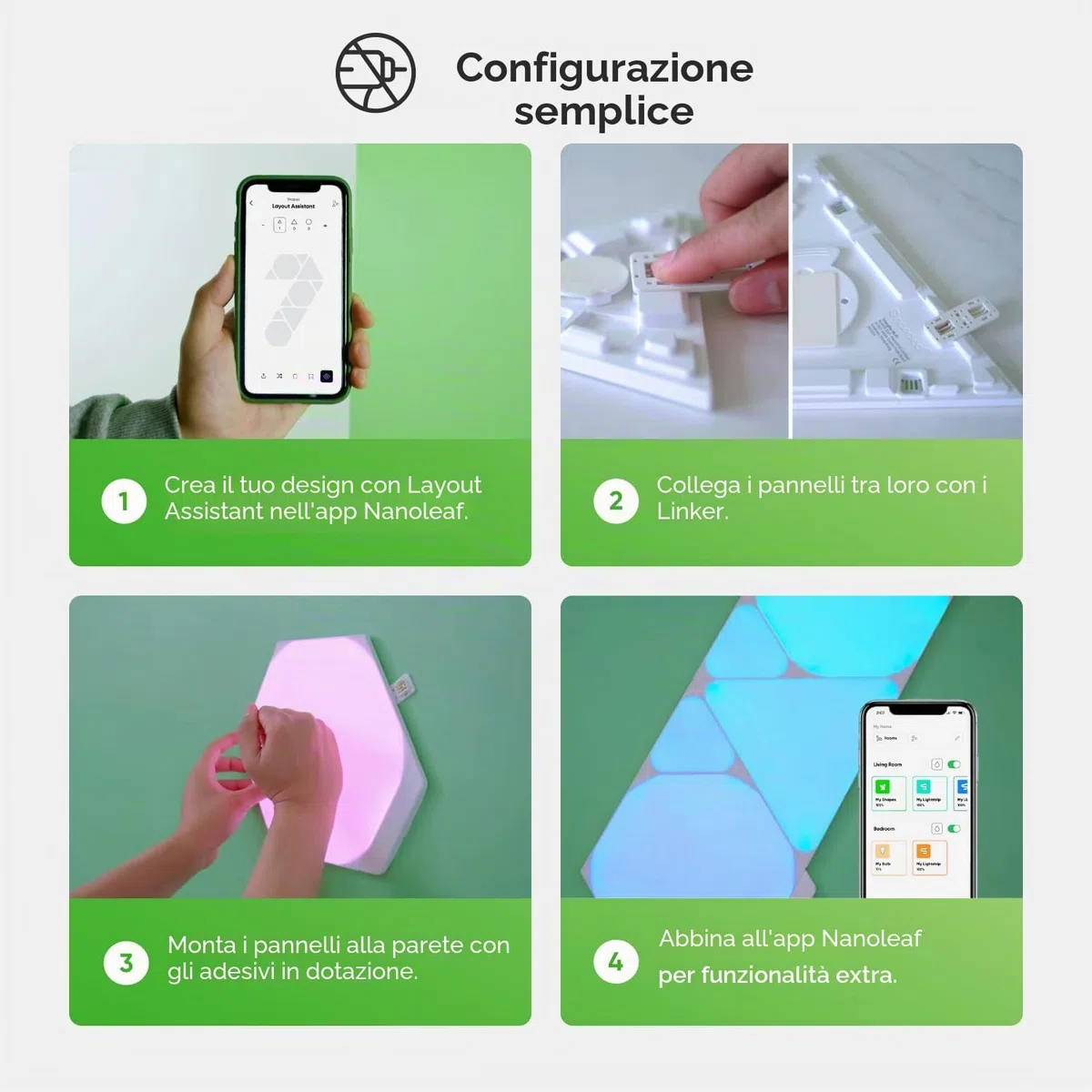 Nanoleaf Shapes Mini Triangle Expansion Pack, 10 Mini Triangoli LED Aggiuntivi RGBW - Applique da Parete Interno Modulari, Luci Led 16M Colori WiFi, Funziona con Alexa, Sincronia Musica e Monitor