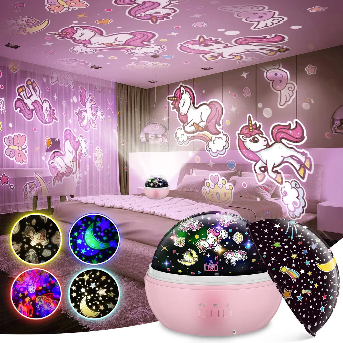 EUCOCO Unicorno/Dinosauri Proiettore Stelle Soffitto con 8 Colori Luci & 360° Rotazione,Unicorno/Dinosauri Luce Notturna Bambini-Regalo Bambina 3 4 5 6 7 8 9 10 Anni