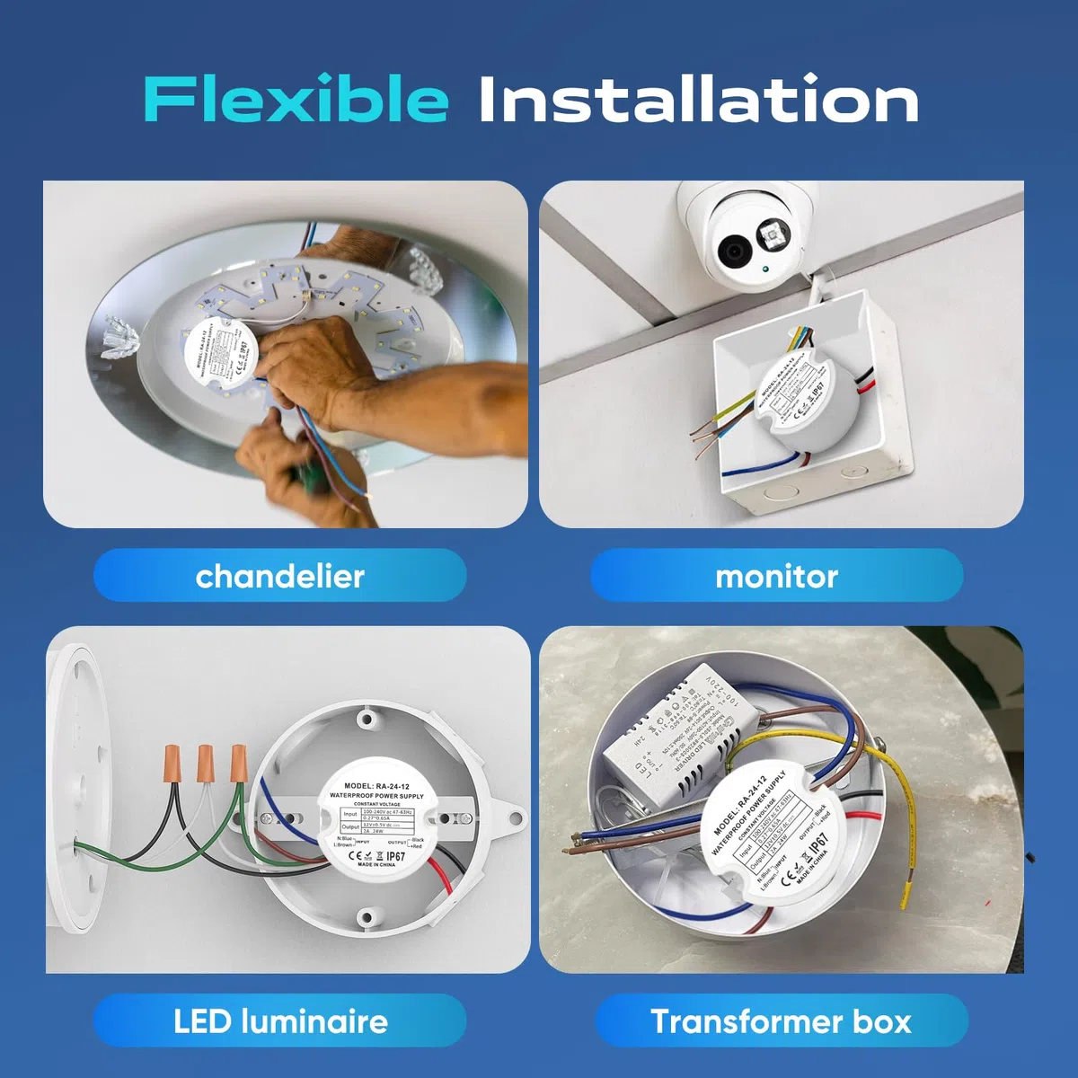 Trasformatore LED 220V a 12V DC 24W 2A, IP67 Alimentatore Rotondo Ø48mm con 2 Connettori per LED Interno ed Esterno