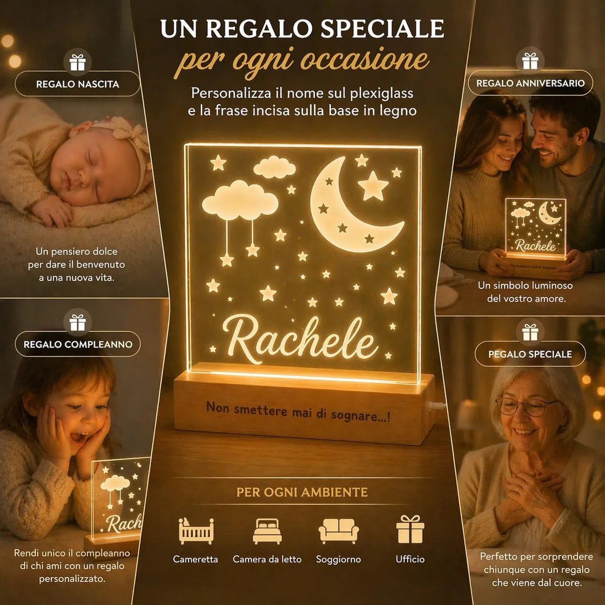 SBUGATTA |Lampada Personalizzata Con Nome |Lampada Notturna Bambino Bambina Neonato |Luce Notturna Personalizzata Bambini |Regalo Battesimo Bimbo Bimba|Regalo Nascita Bimbo Bimba (Luna-Nuvole)