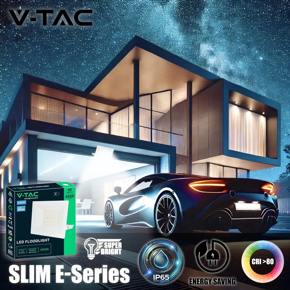 V-TAC Faro LED da Esterno 50W Bianco - [ E-Series - Alte Perfomance, Bassi Consumi ] - 4000 Lumen - Super Slim Design - IP65 - Proiettore Casa, Garage, Magazzino - Impermeabile - Luce Naturale 4000K