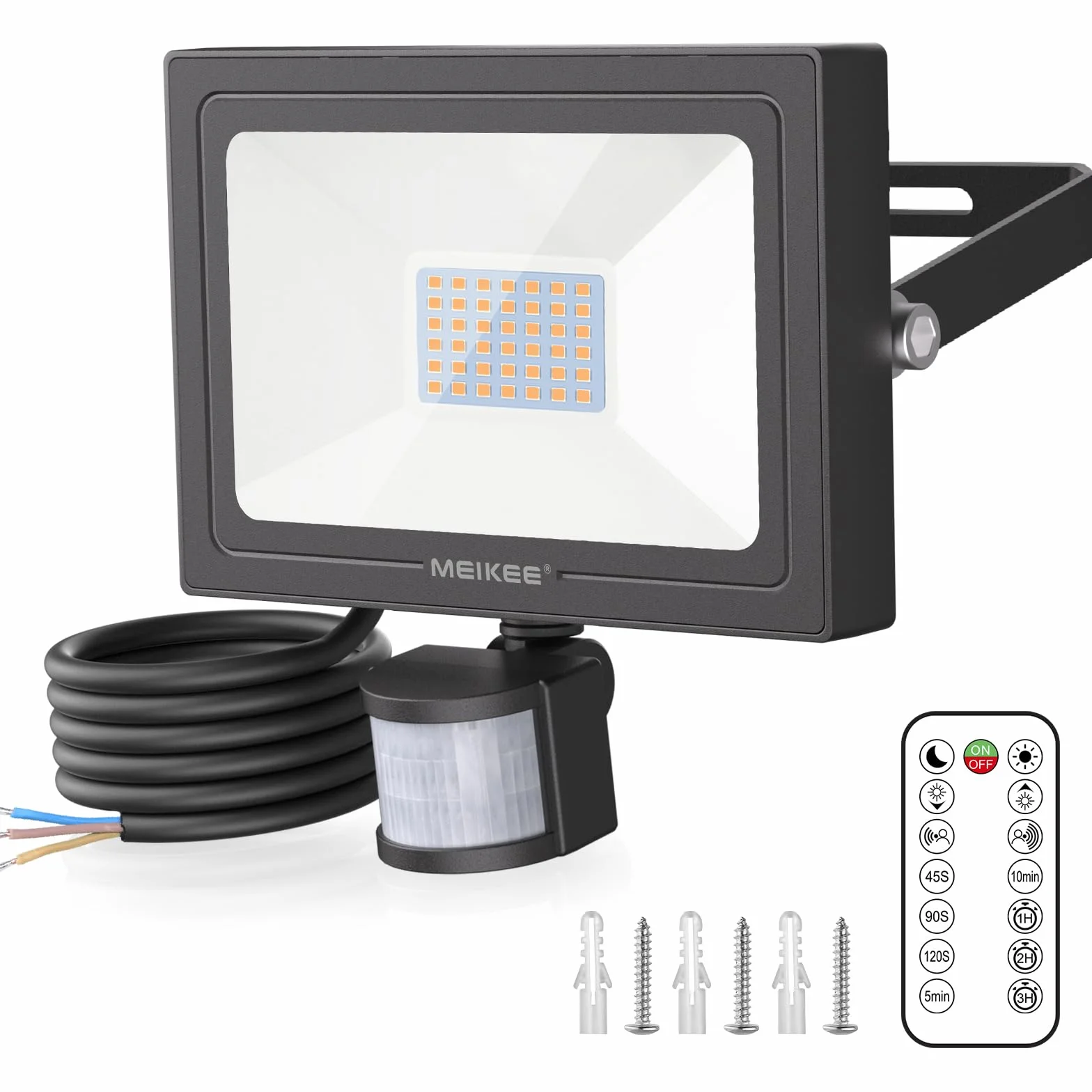MEIKEE Faretto con Sensore di Movimento, 35W 3000LM Faro LED Esterno con Telecomando, 2700K Bianca Calda, Proiettore Luce di Sicurezza Impermeabile IP66 per Giardino Corridoio Garage Patio