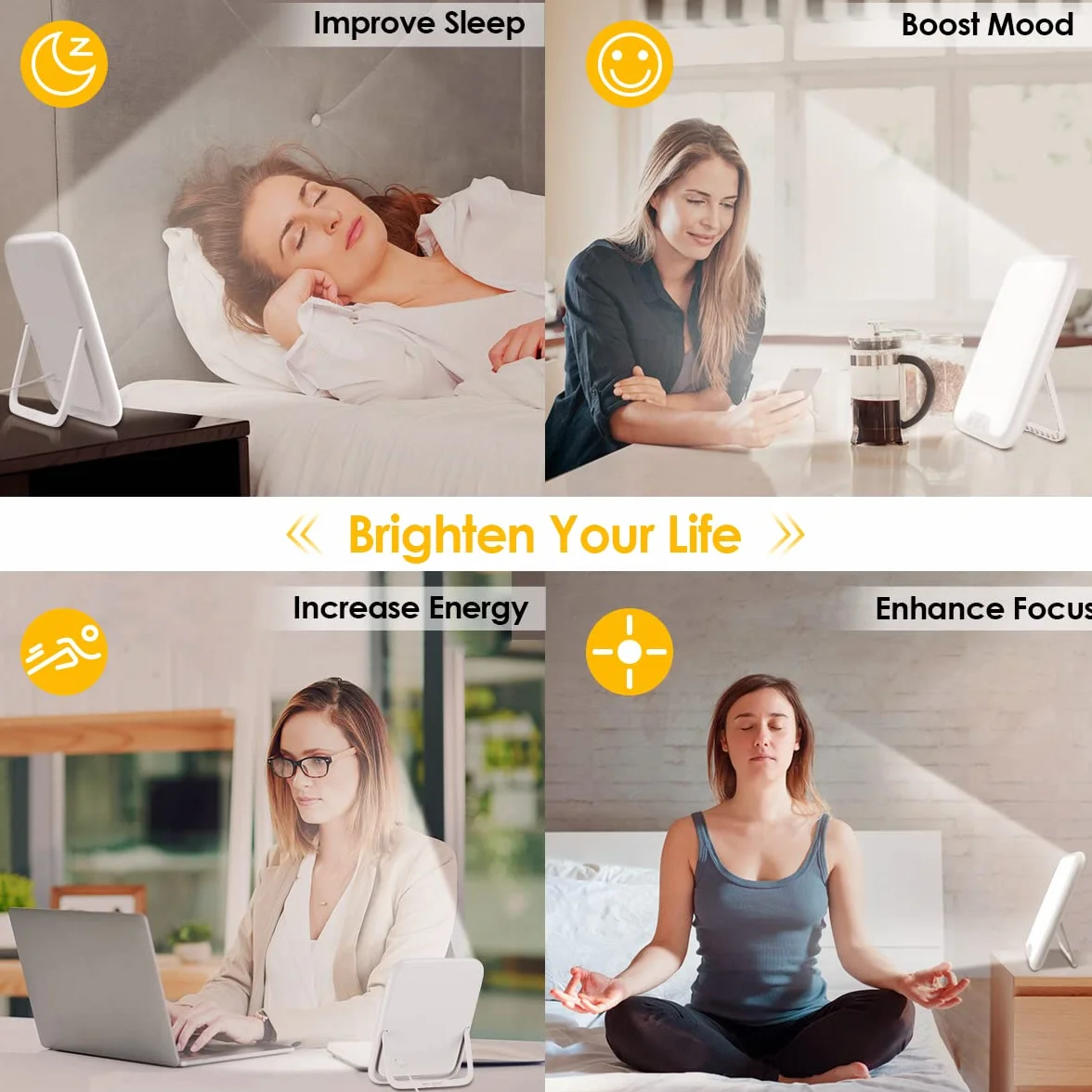 Lampada per Terapia della Luce, Lampada di Luce Diurna 10000 Lux UV-Free, con Funzione di Memoria & 4 del Timer Lampada Fototerapia, Controllo Pulsante, 3 Modalità di Colore, Dimmer Continuo