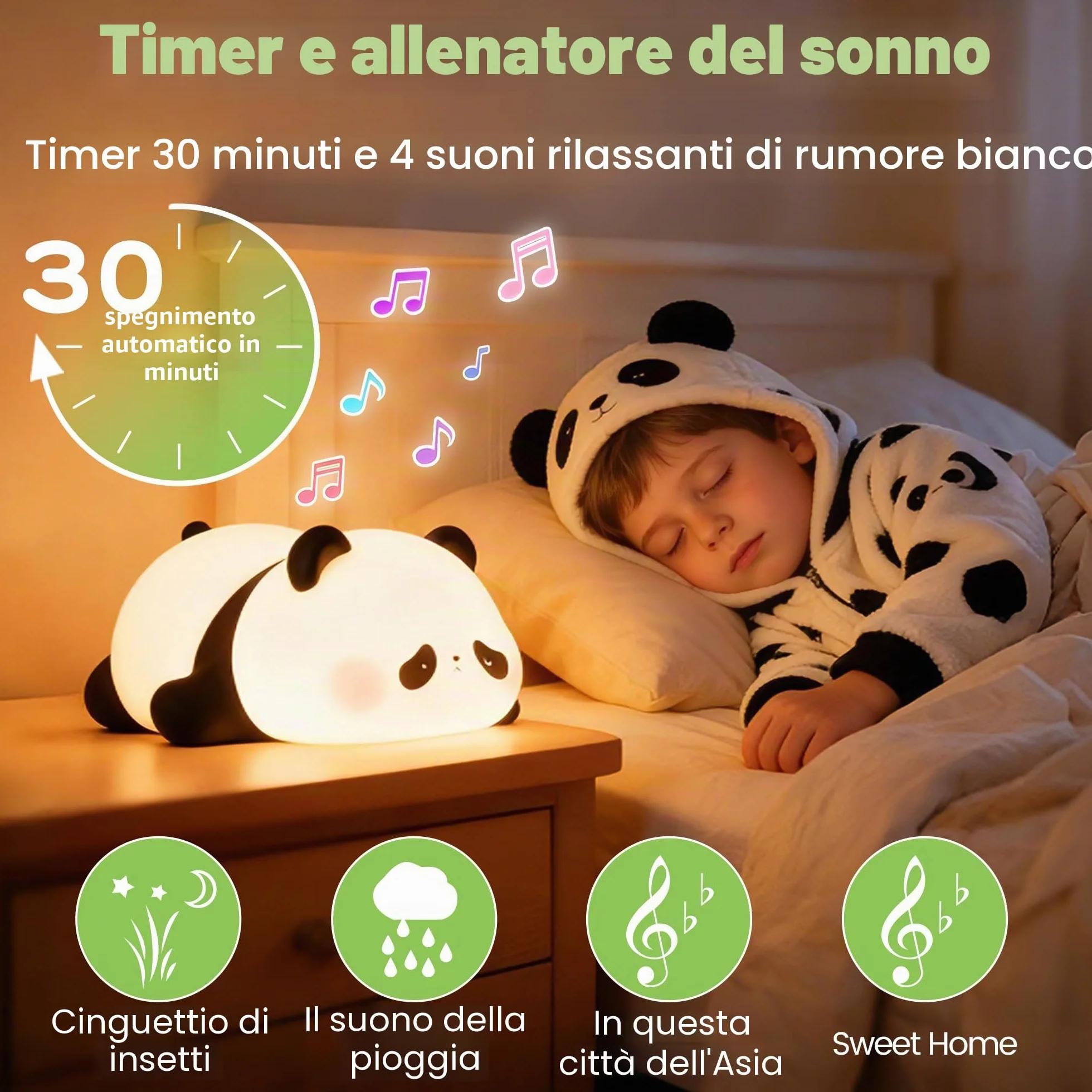 FAMIDUO Luce Notturna Bambini Panda - Rumore Bianco, 4 Suoni Rilassanti per Dormire, Lampada da Comodino Silicone con Timer, Dimmerabile, Regalo Simpatico a Forma di Panda per Bambini,Maschi e Femmine
