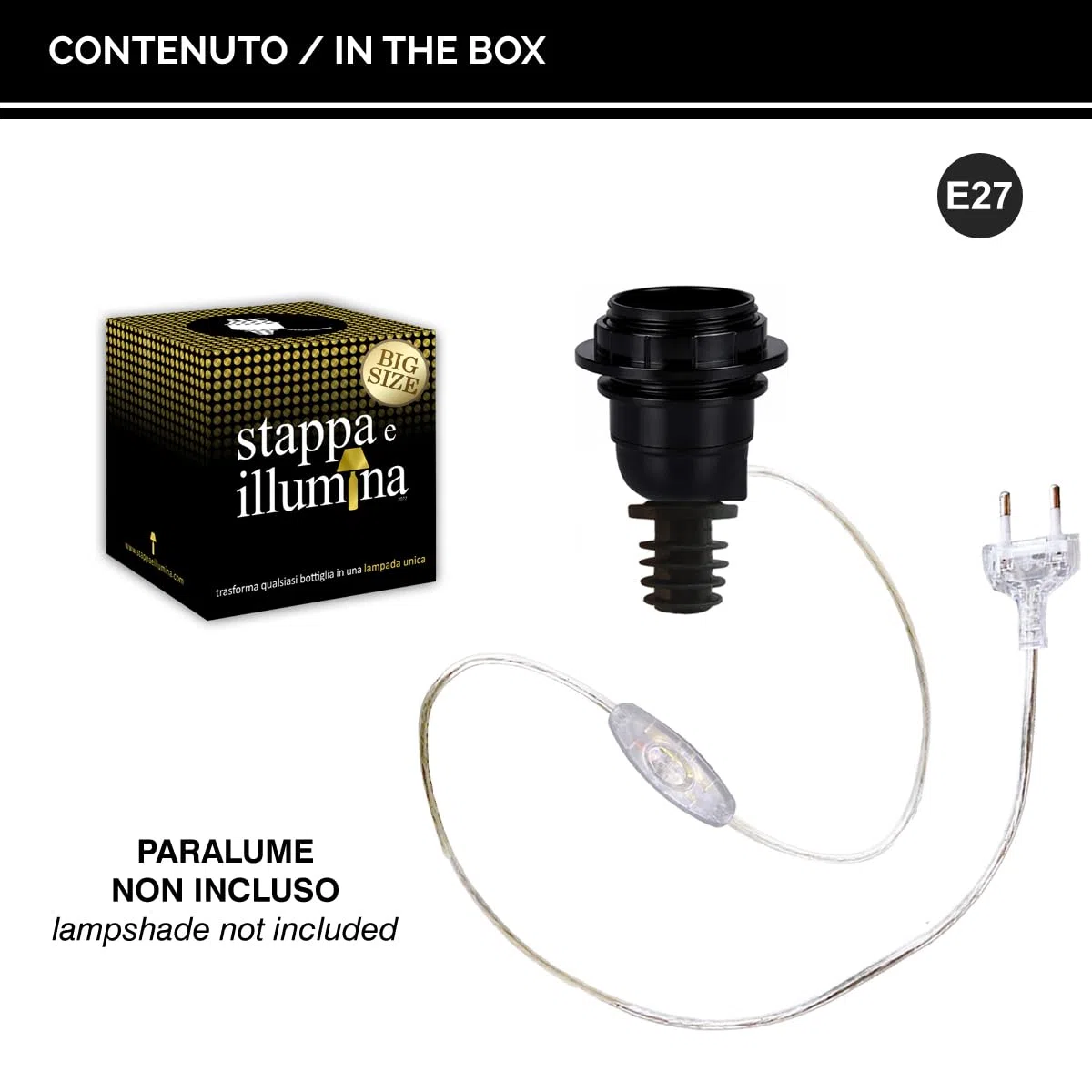 Big Size | Portalampada E27 Trasforma Bottiglie in Lampade in 30 secondi, Bottiglia con foro da 23 a 30 mm, per Magnum - per Kit Lampada Bottiglia (1 pcs)