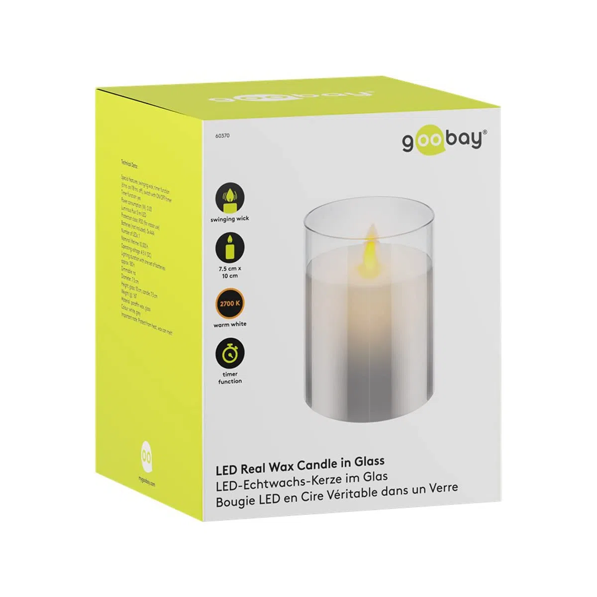 Goobay 60370 - Candela a LED in vera cera, altezza 10 cm, senza fiamma, con timer, colore grigio