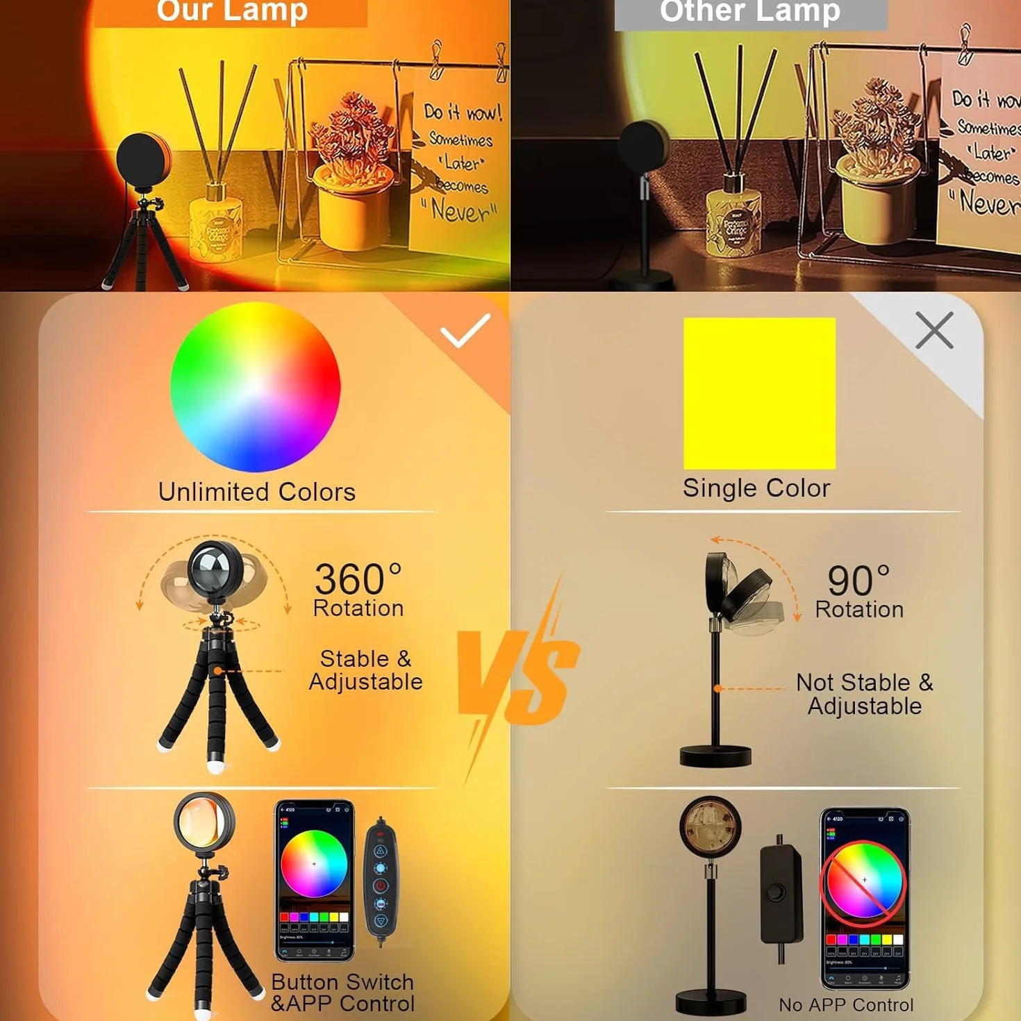 Kangtaixin Sunset Lamp - Lampada da Tramonto RGB – Controllo App, Connettore USB, Proiettore LED Girevole a 360°, Luce D'atmosfera Romantica, Adatta per Fotografia, Selfie, Decorazione del Soggiorno