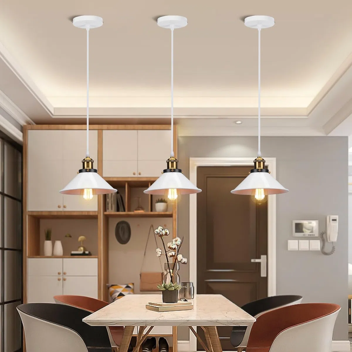 Lampadario a sospensione Vintage industriale, Moderno Lampada da soffitto E27 Plafoniera in Metallo Ø22cm Grigio Paralume per Sala Cucina Camera da Letto (Bianco - 1 lampada)