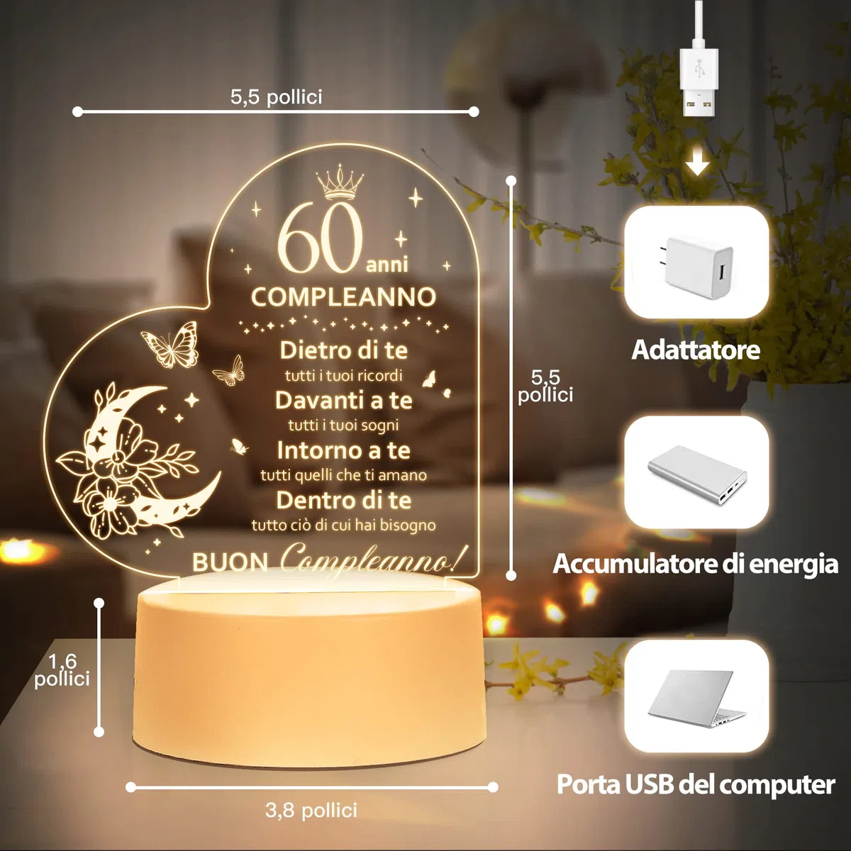 Regalo 60 Anni Compleanno Donna Uomo 1965 - Luce Notturna per Mama, Papa, Nonna, Sorella, Amica - Idee Regali Uomo 60 Anni, Regalo per i 6 0 Anni Donna, per Camera da Letto, Studio, Testa di Letto