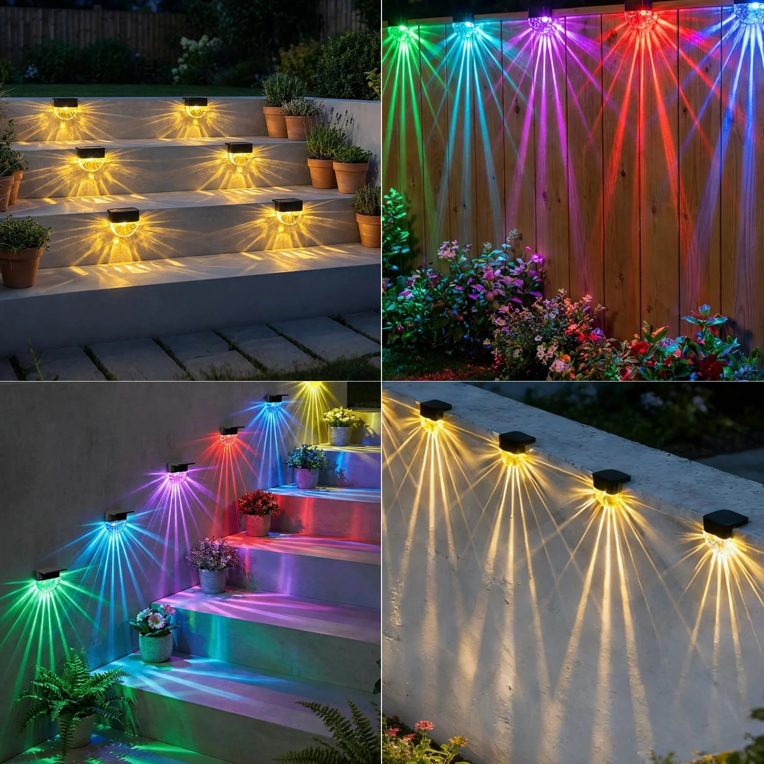 FIFlying Luci Solari da Giardino, 6 Pezzi Luce Solare Led Esterno, IP65 Impermeabile Lampade Solari da Esterno, 3 Modalità, Auto ON/OFF per Gradini Cortili Prato Vialetto, Bianco Caldo/RGB