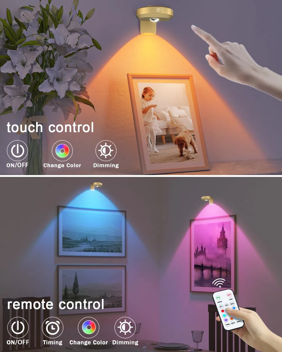 WILLED Luce Per Quadri Senza Filo Ricaricabile, RGB Faretto per Quadri a Batteria, Applique LED da Parete, Quadri Lampada, Applique Quadro Luci per Esposizione Pittura Vetrina（3 Pezzi, Oro）