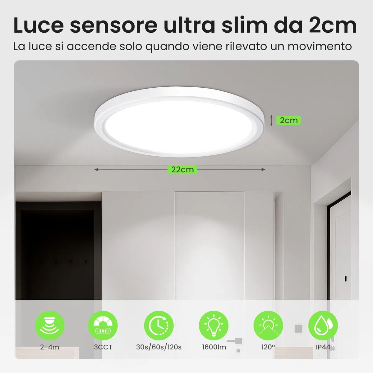 ALUSSO Plafoniera LED Soffitto con Sensore di Movimento Radar, 18W Plafoniera 2400LM 3CCT 3000K 4000K 6500K 1600LM, IP44 Moderna Luce Soffitto Camera da Letto Cucina Corridoio Garage, Rotondo Ø22cm